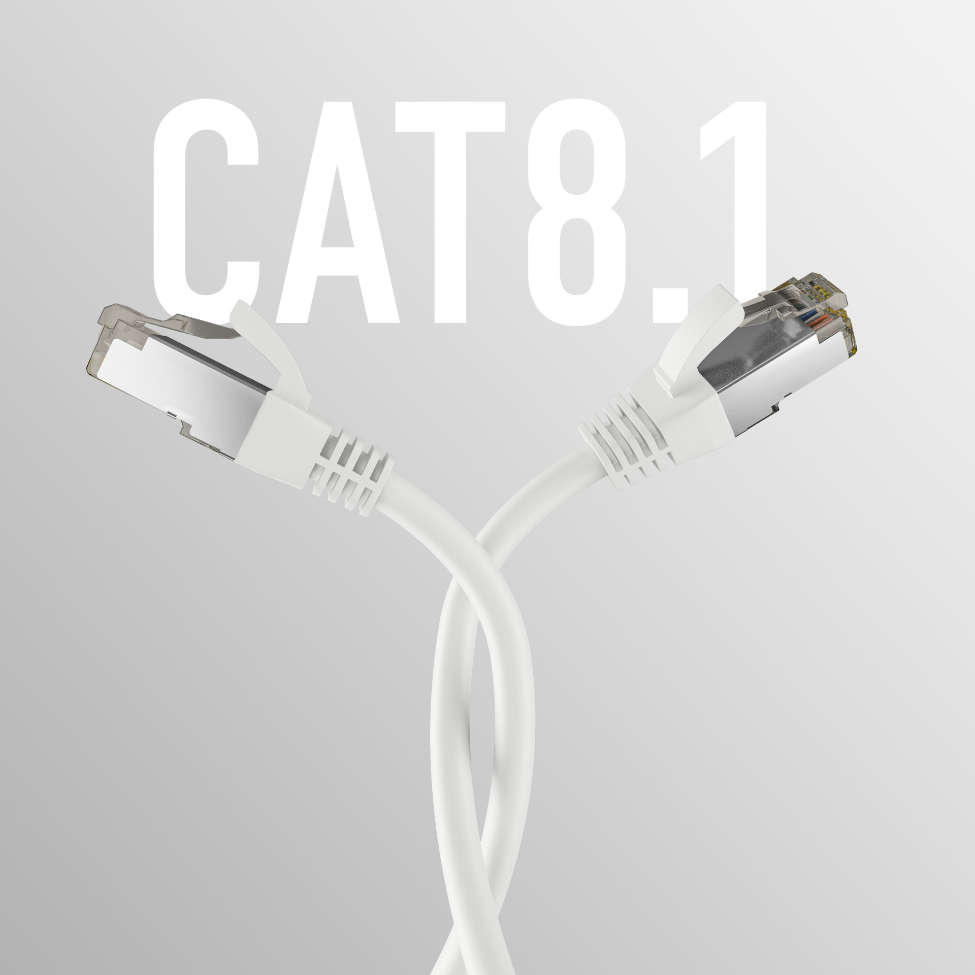 Dwa białe kable Ethernet CAT8.1 skrzyżowane. Złącza są widoczne. Tekst "CAT8.1" jest w tle.