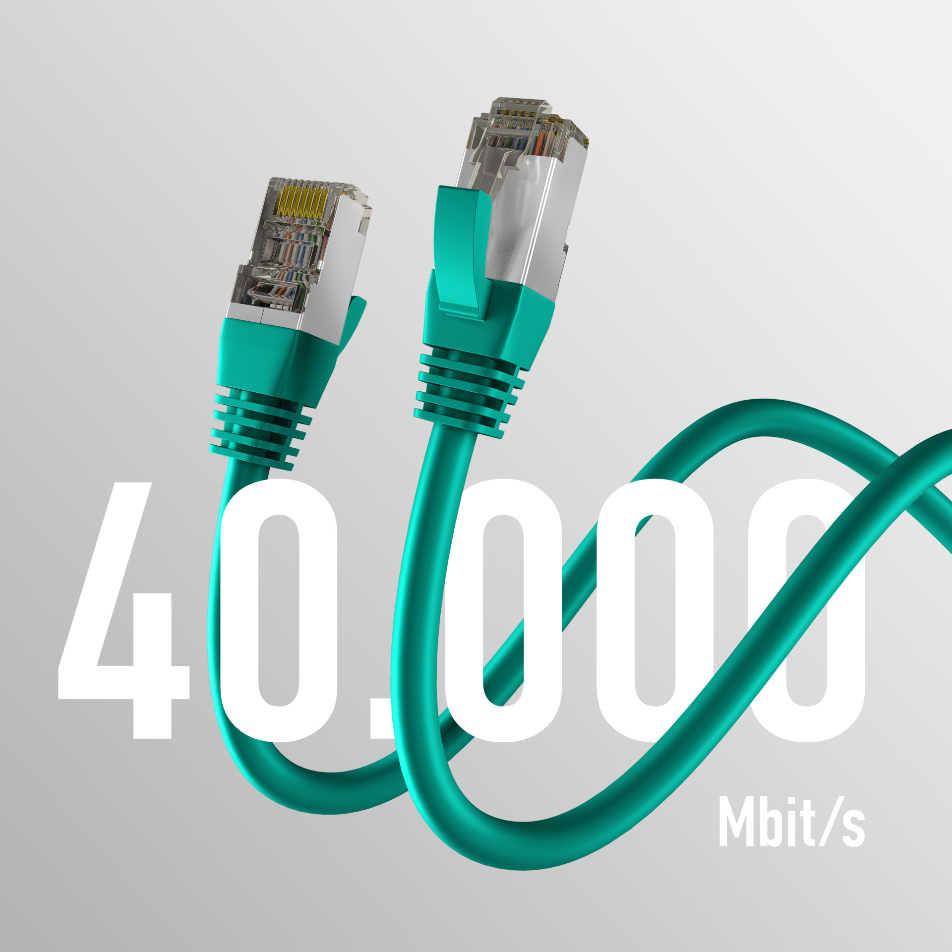 Dwa turkusowe kable sieciowe z białym tekstem wskazującym prędkość transferu danych 40.000 Mbit/s.