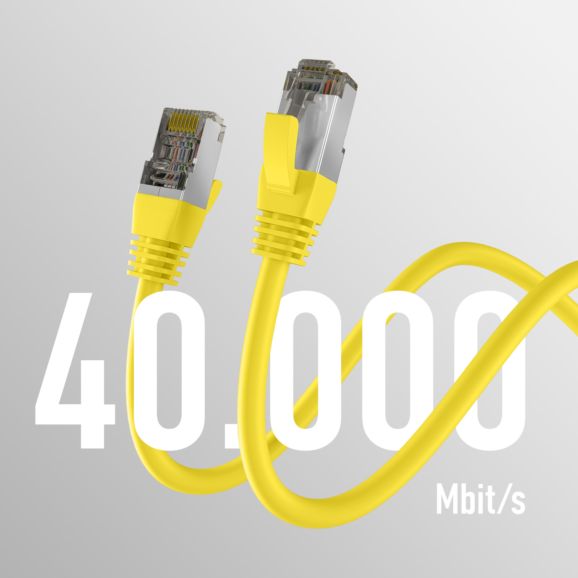 Dwa żółte kable sieciowe ze złączami RJ45. Biały tekst: '40.000 Mbit/s' na szarym tle.