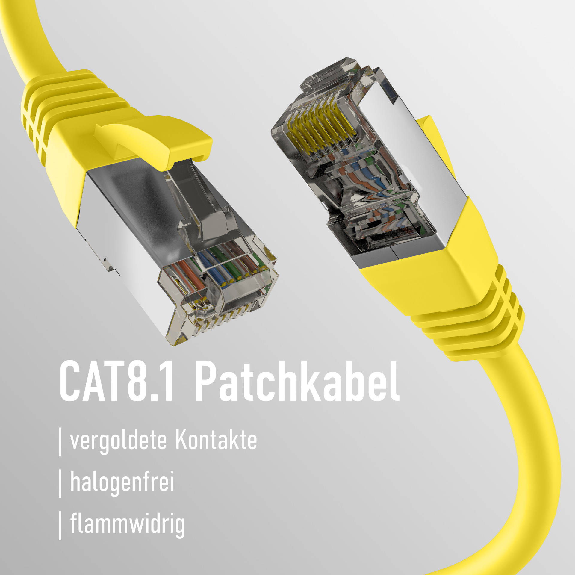 Dwa żółte kable Ethernet z tekstem: CAT8.1 Patchkabel, vergeldete Kontakte, halogenfrei, flammwidrig.
