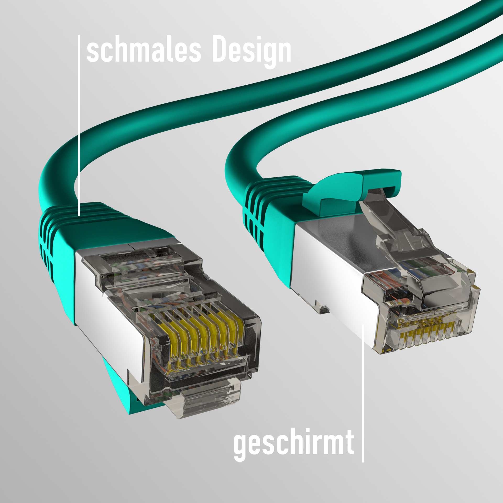 Dwa zielone kable Ethernet z przekrojem pokazującym wewnętrzne przewody i złącza.