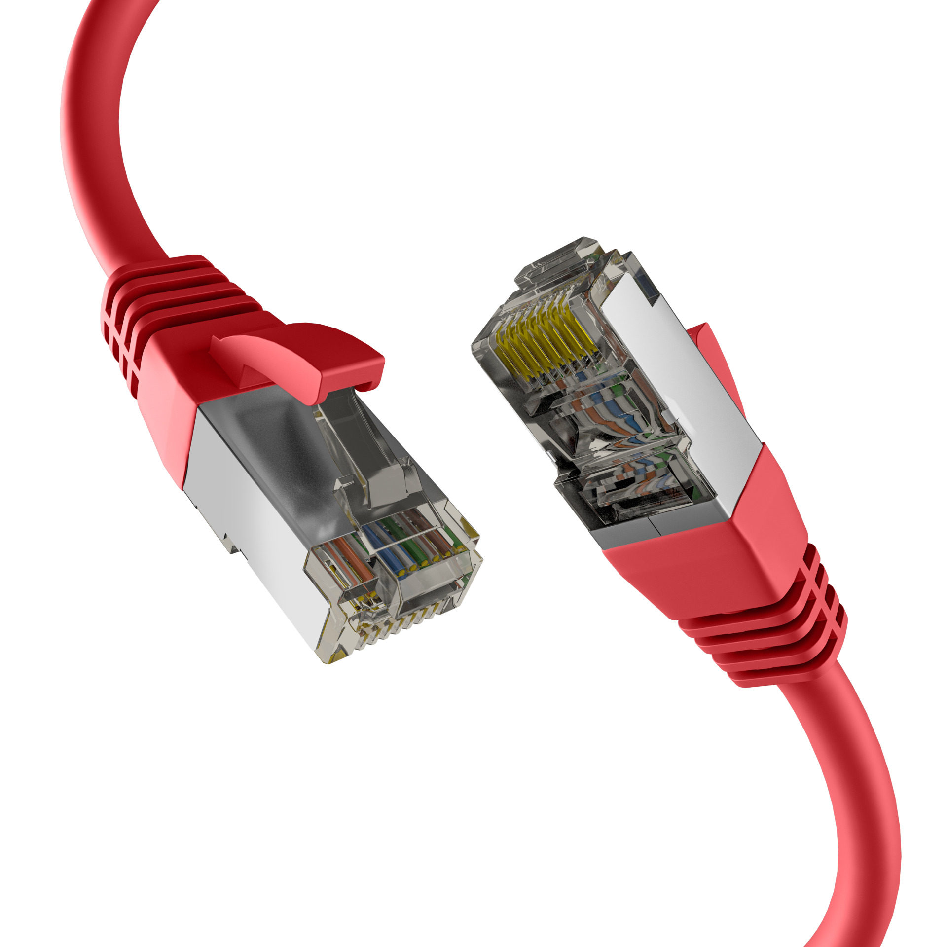 Cavo Ethernet rosso con connettori argentati su sfondo bianco.