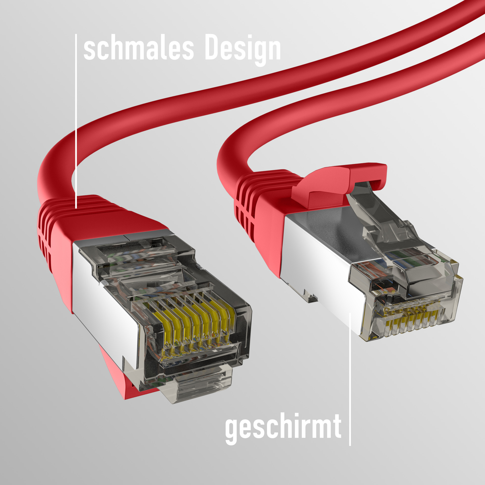 Czerwony kabel Ethernet z srebrnymi złączami, oznaczony jako 'geschirmt' i 'schmales Design'.