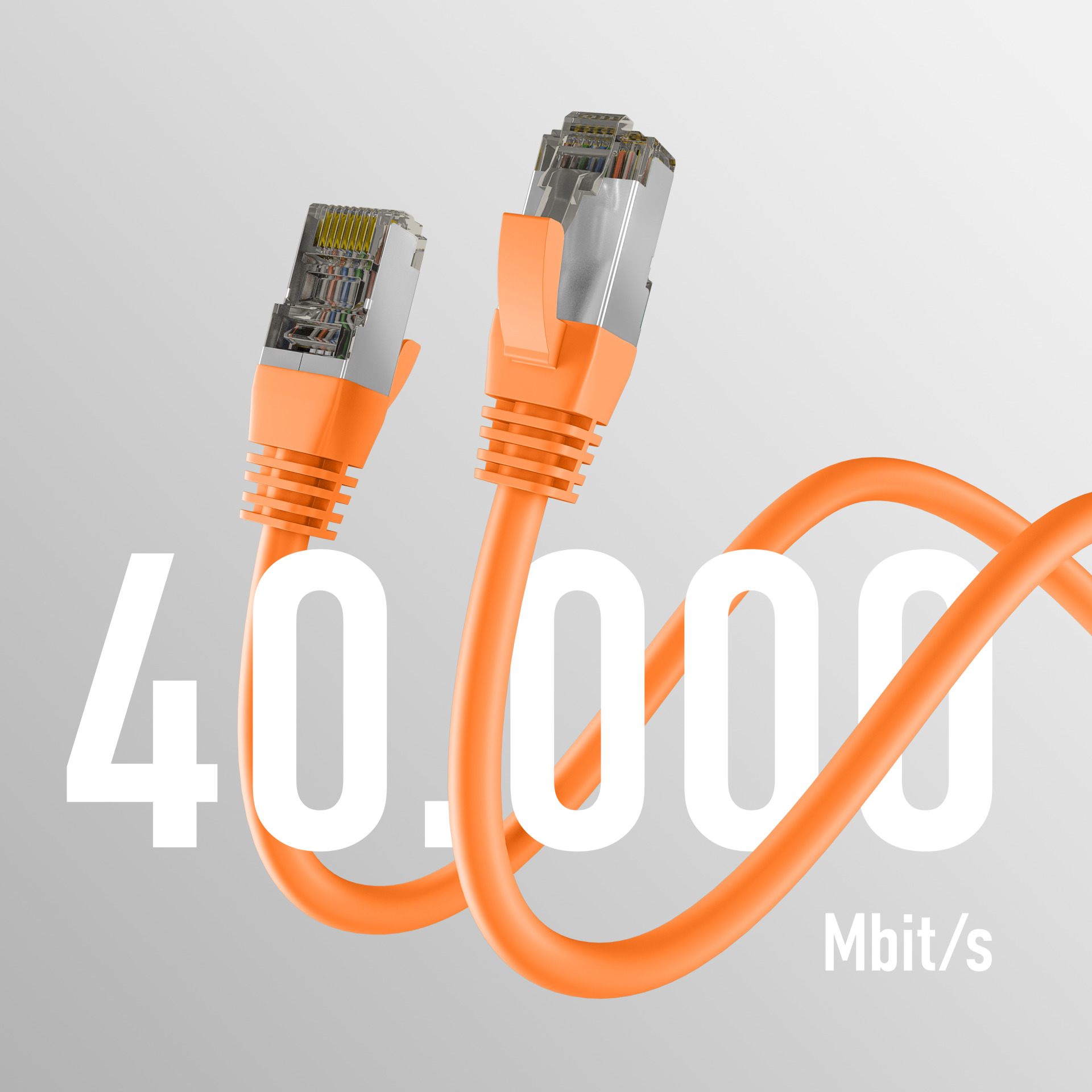 Dwa pomarańczowe kable Ethernet z wtyczkami, liczba 40.000 i tekst Mbit/s.