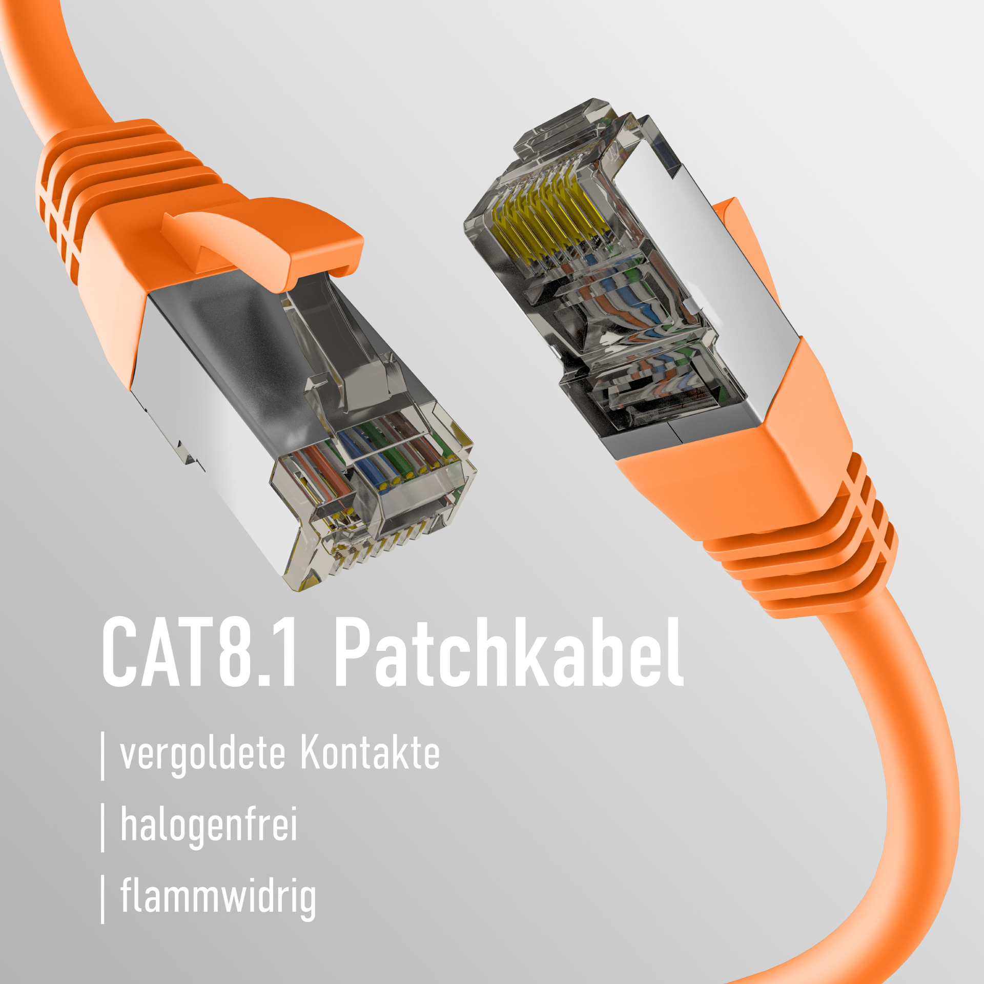 Pomarańczowy kabel sieciowy z CAT8.1 i tekstem o pozłacanych stykach.