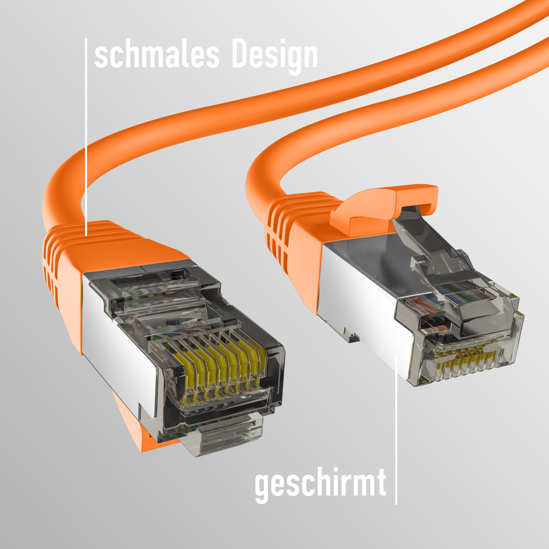 Pomarańczowy kabel Ethernet z wtyczkami. Kabel oznaczony etykietami 'geschirmt' i 'schmales Design'.