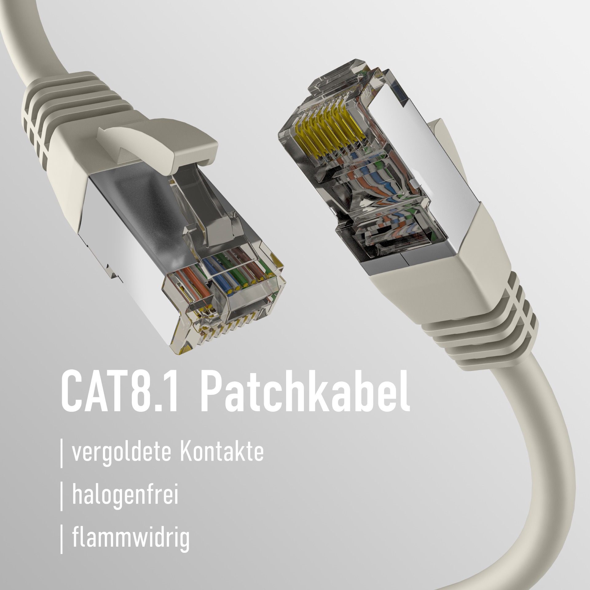 Dwa kable sieciowe z przezroczystymi złączami. Tekst: 'CAT8.1 Patchkabel' i podkreśla cechy.