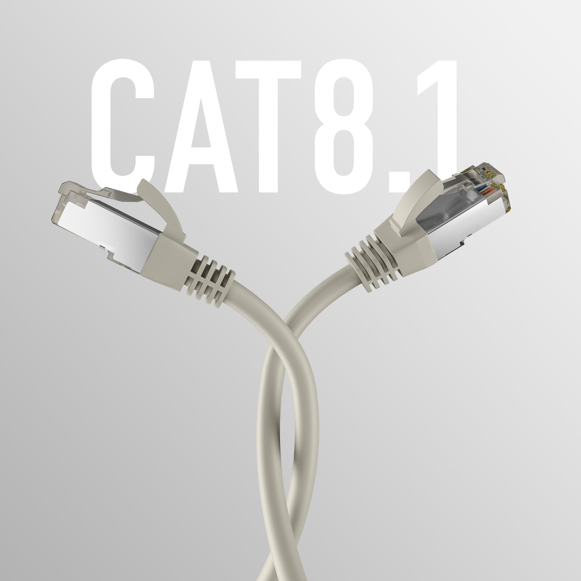 Zwei beige Netzwerkkabel gekreuzt vor hellgrauem Hintergrund, CAT8.1 steht geschrieben.