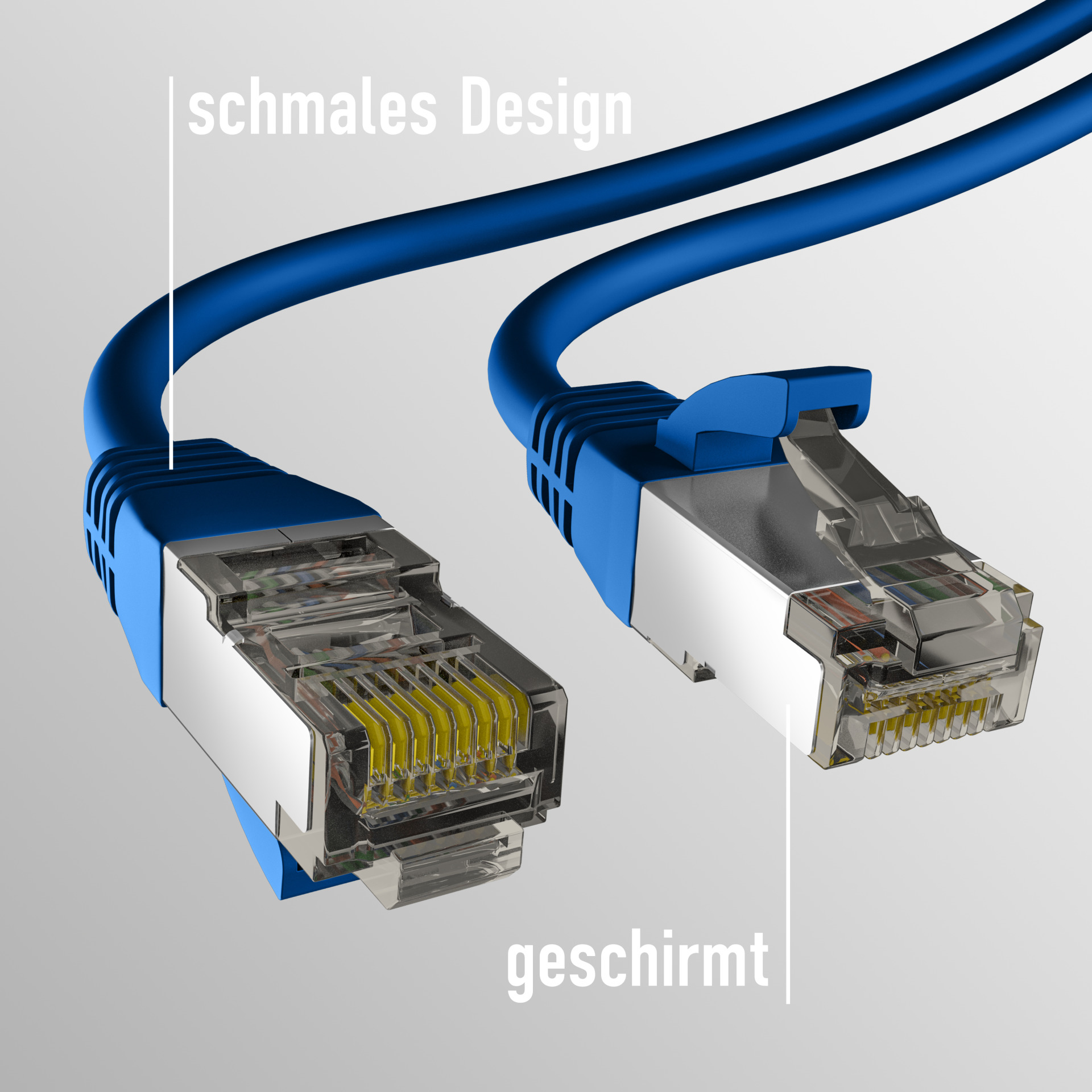 Niebieski kabel Ethernet z dwoma złączami. Tekst mówi: ekranowany i smukły design. Na białym tle.