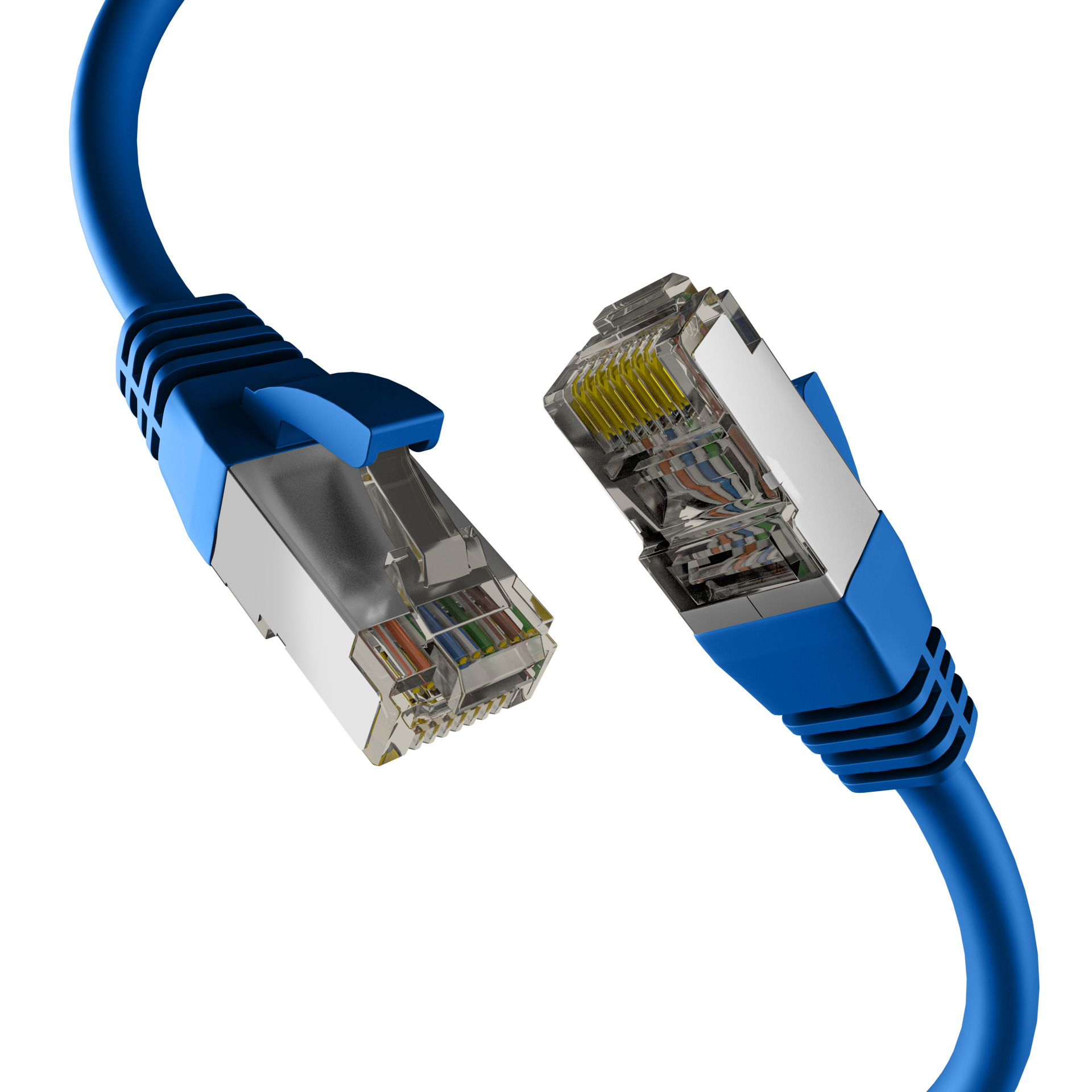 Due cavi Ethernet blu con connettori blu, primo piano su sfondo bianco.