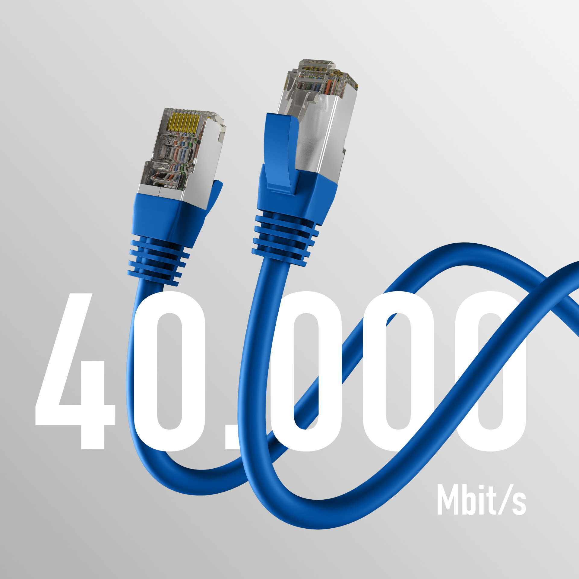 Zwei blaue Netzwerkkabel mit der Zahl 40.000 und Mbit/s im Hintergrund.