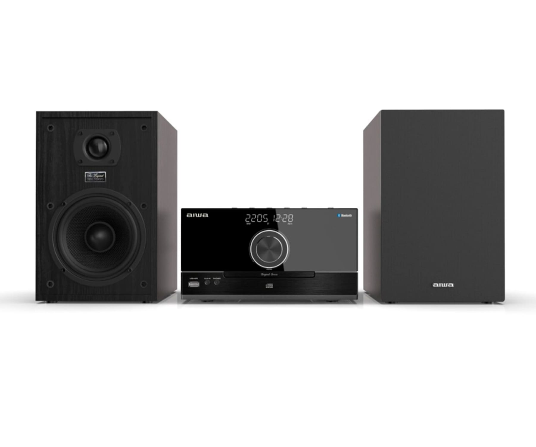 Sistema estéreo negro. Incluye altavoces y una unidad de control central.