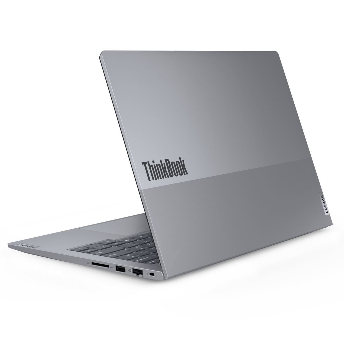 Laptop Lenovo ThinkBook argento angolato, aperto, con logo ThinkBook e tastiera visibili.