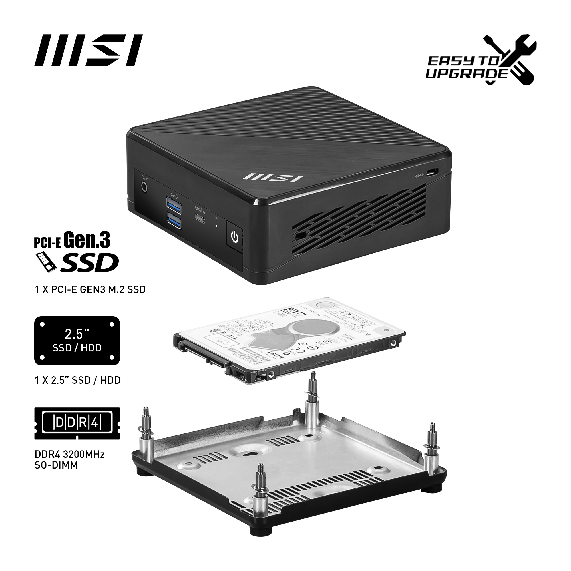 Czarne komponenty mini PC MSI. SSD, HDD i płyta główna. Znak łatwej aktualizacji.