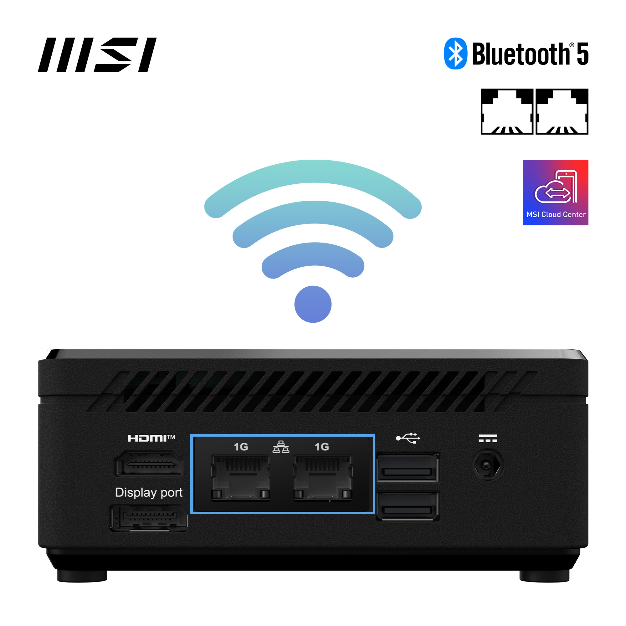 Czarny mini PC z portami HDMI, portem wyświetlacza i Ethernet. Loga MSI i Bluetooth 5.