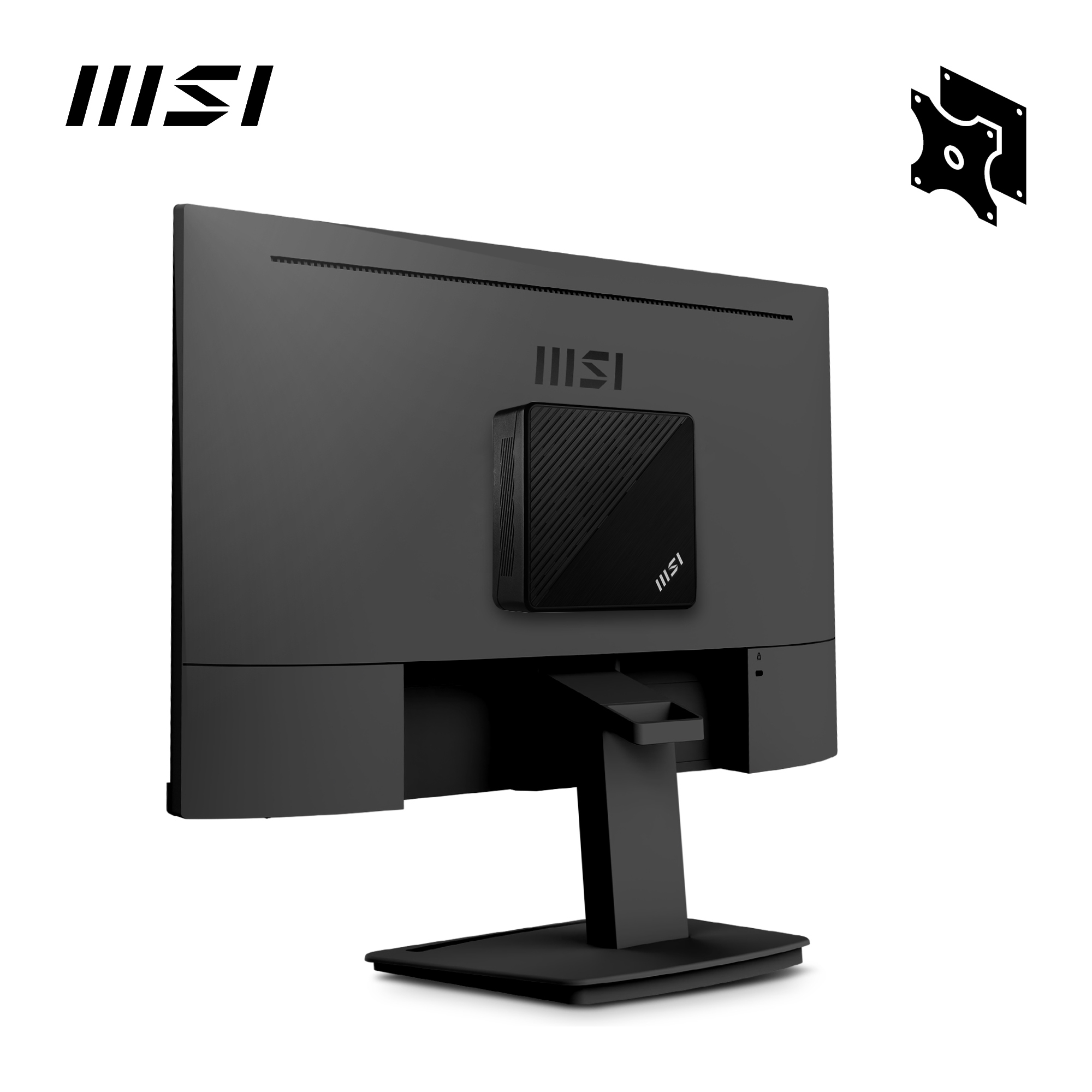 Czarny monitor komputerowy MSI z dołączonym małym komputerem. Monitor ma czarną podstawę.