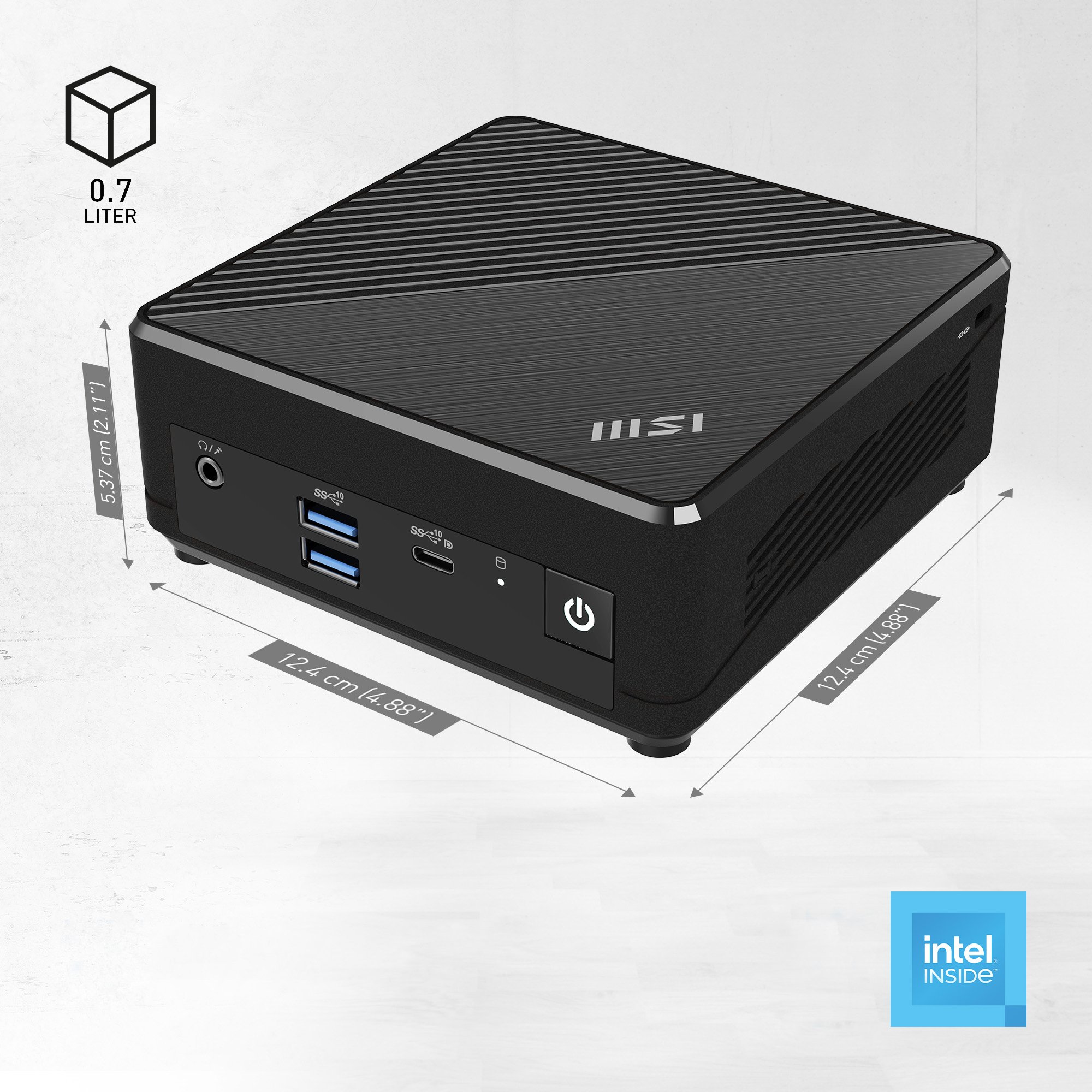 Czarny mini PC z oznaczonymi wymiarami, portami, przyciskiem zasilania i logo Intel Inside.