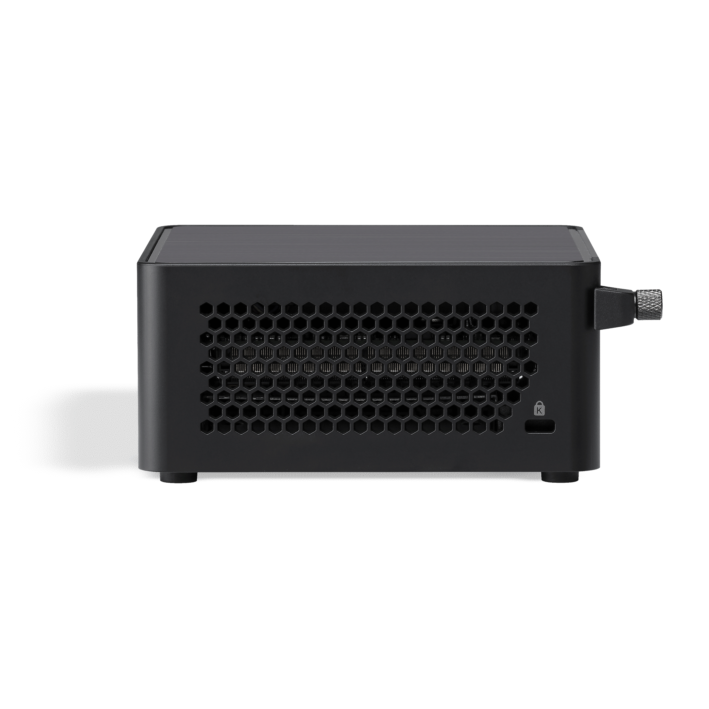 Czarne, małe, prostokątne urządzenie z przednią częścią w kształcie kratki i jednym portem.