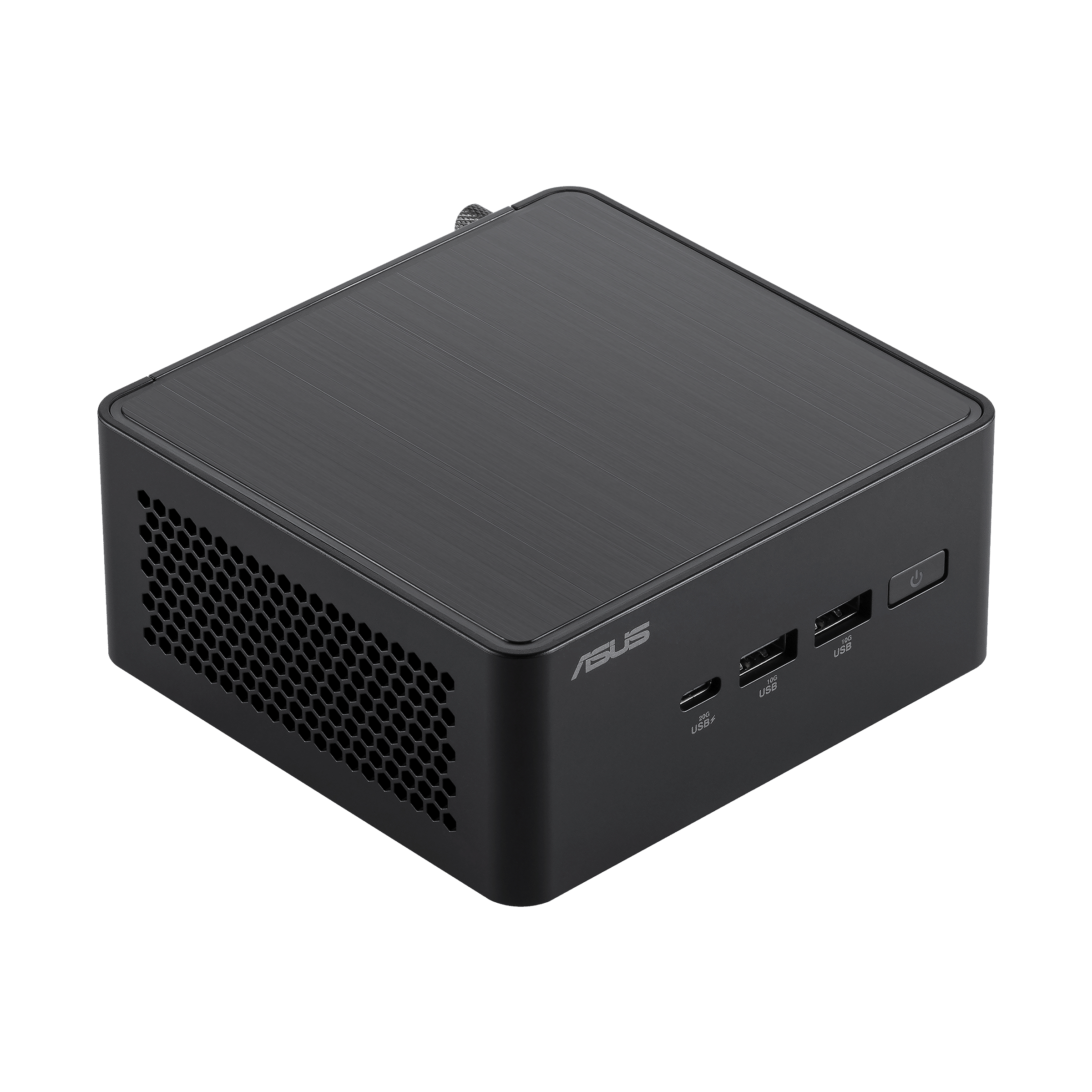 Czarny mini PC ASUS na białej powierzchni, widok pod kątem, z widocznymi portami.
