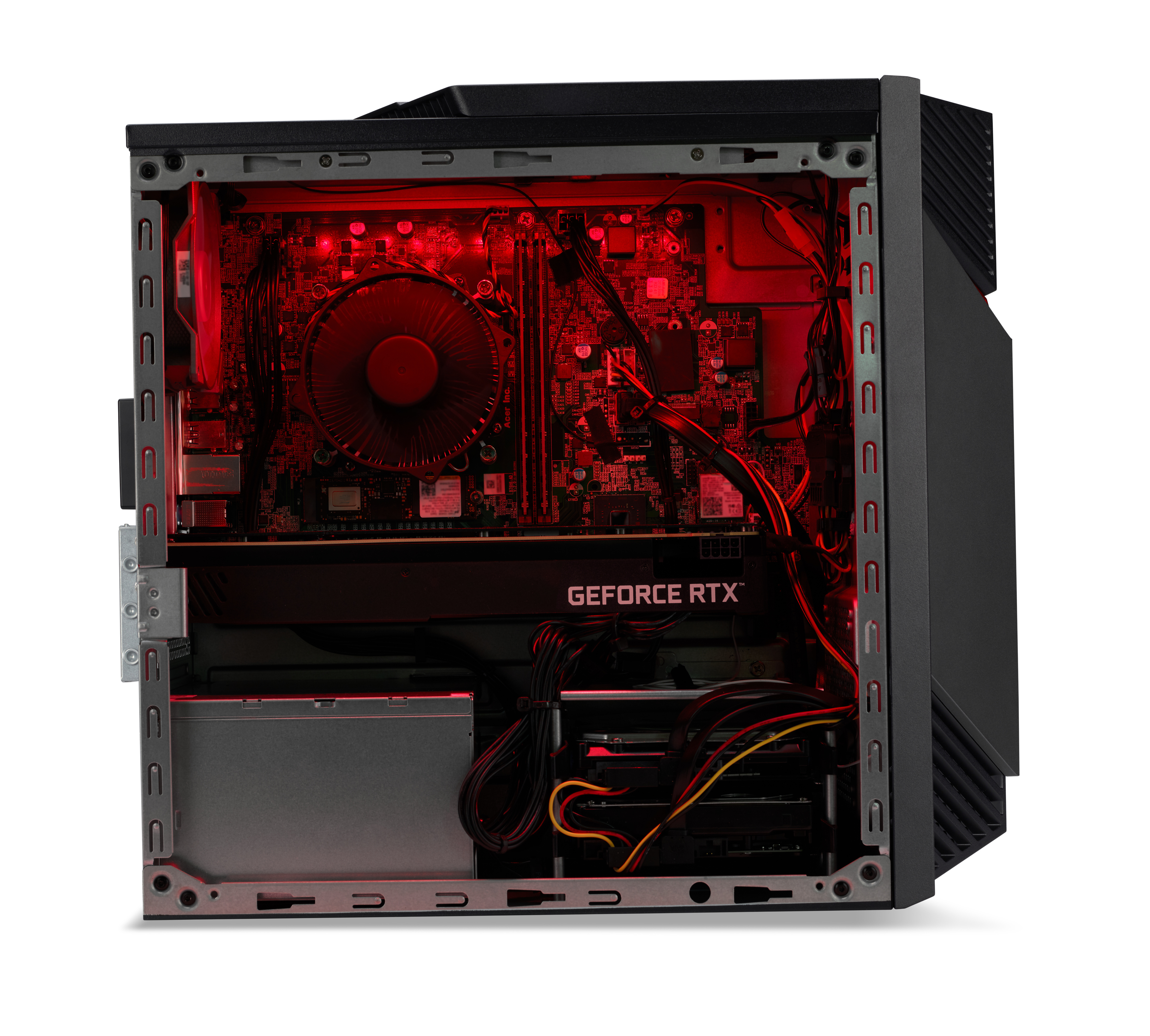 Otwarta obudowa komputera z czerwonym podświetleniem wnętrza pokazującym podzespoły, w tym kartę graficzną.