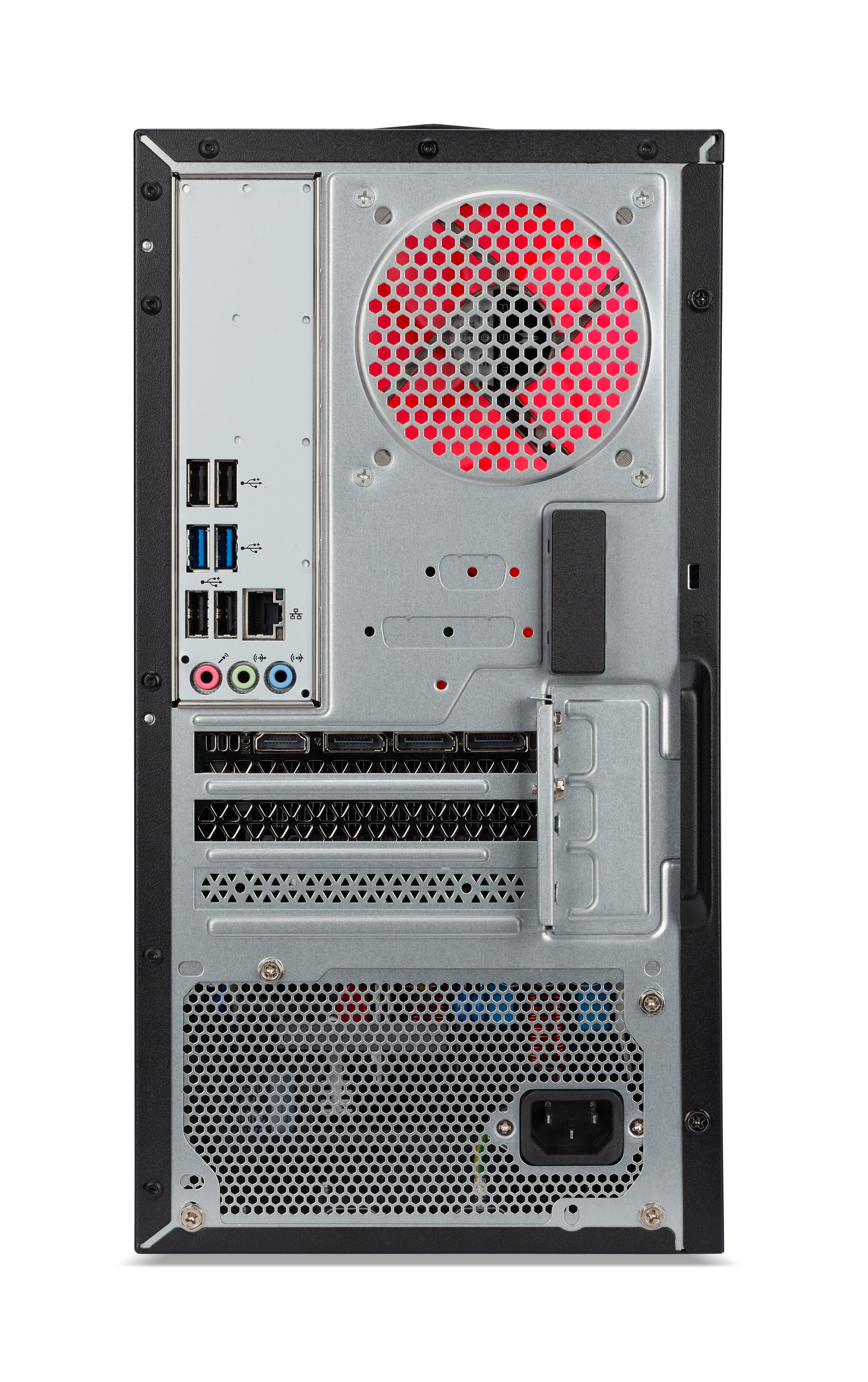 Panel tylny obudowy komputera z różnymi portami, wentylatorem i uchwytem.