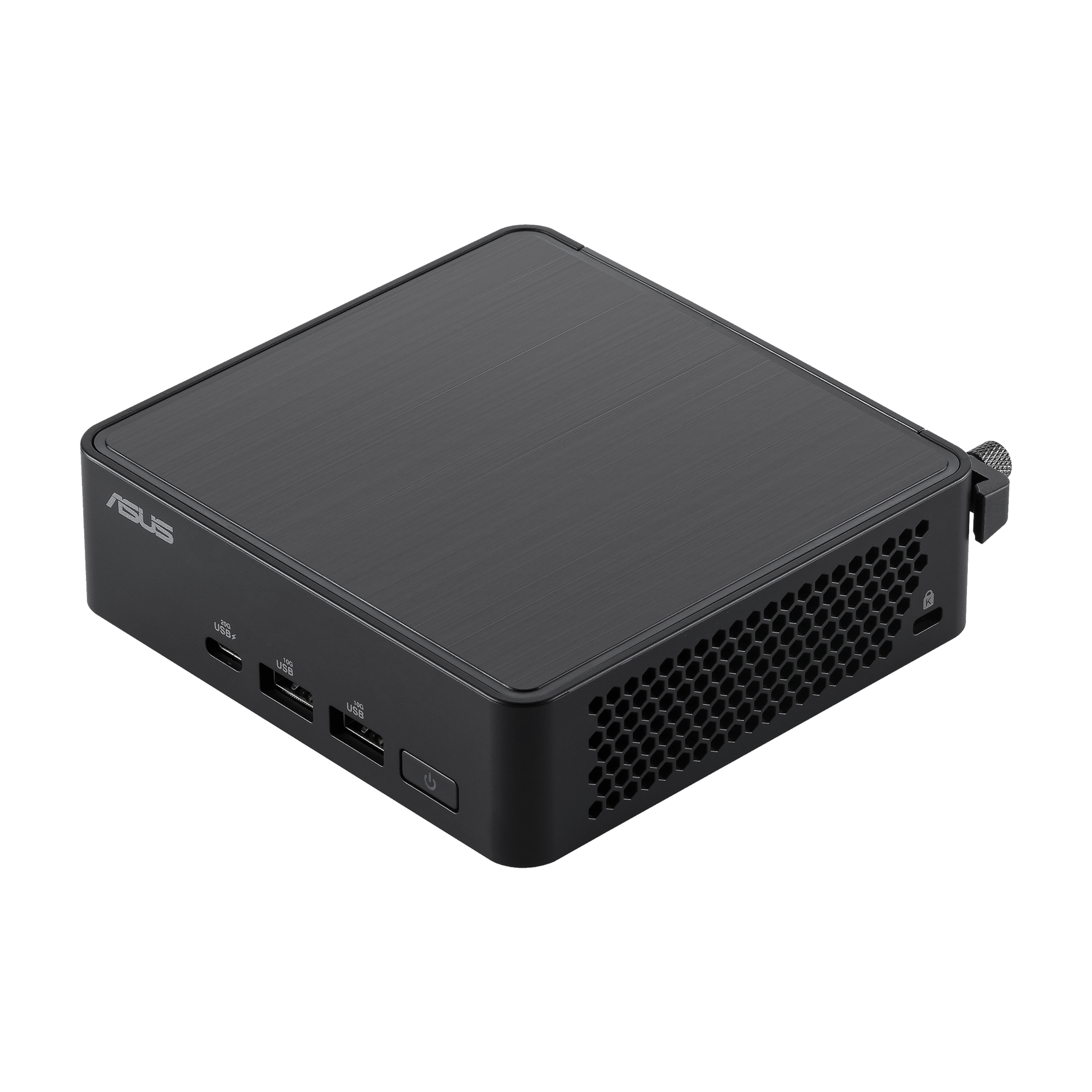 Czarny mini PC ASUS. Widok pod kątem. Posiada porty USB i przycisk zasilania. Górna część jest teksturowana.