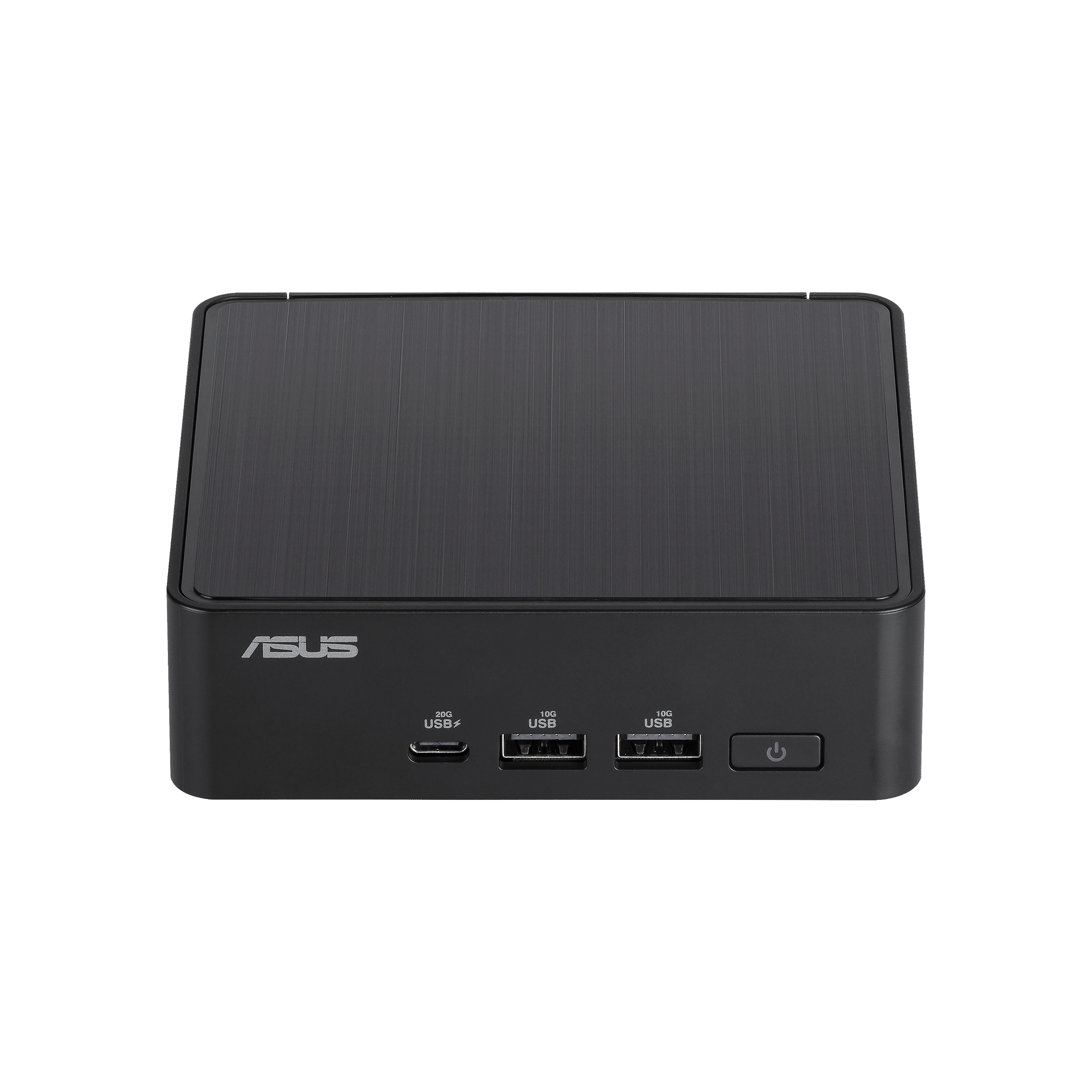 Czarny mini PC ASUS z portami USB i przyciskiem zasilania. Logo ASUS jest widoczne.