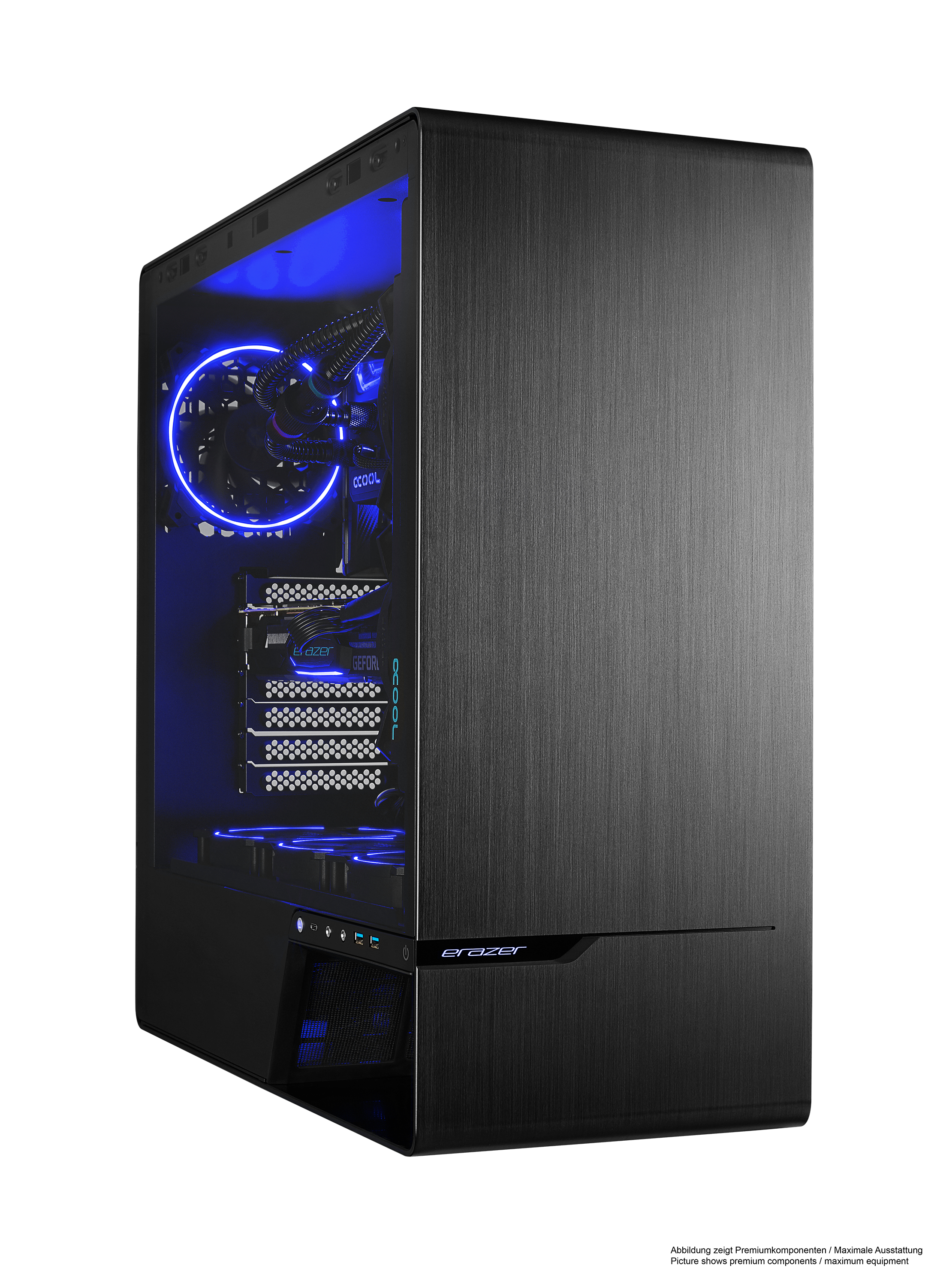 Case per PC nero con illuminazione interna blu. Pannello laterale in vetro. Case nero con finitura in metallo spazzolato.
