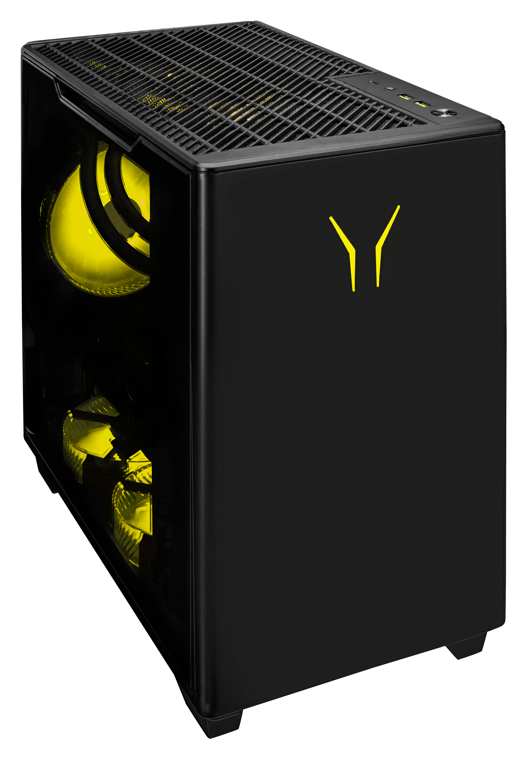 Una caja de computadora negra con detalles amarillos. Las aspas del ventilador amarillas son visibles.