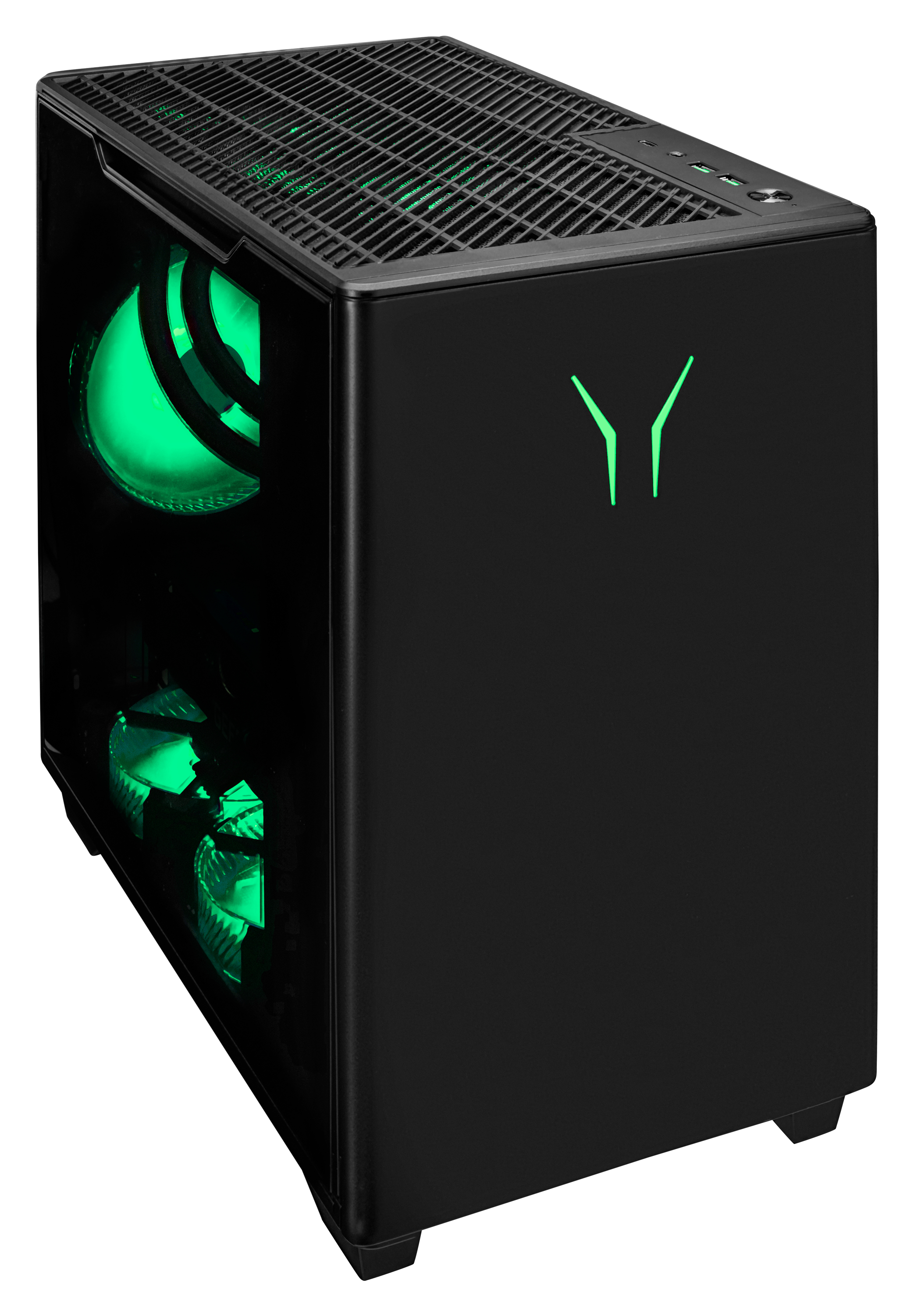 Caja de computadora negra con ventiladores y logotipo iluminados en verde. Vista lateral.