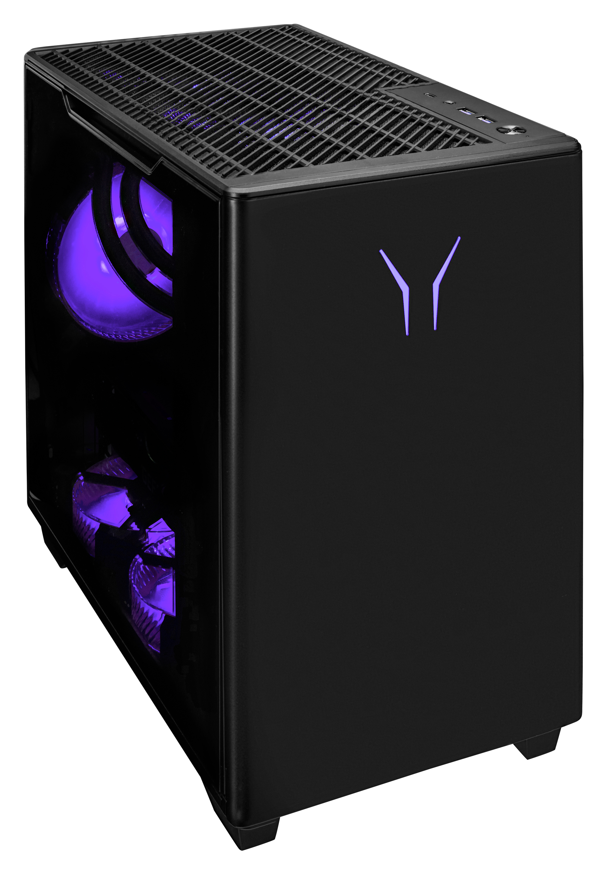 Una caja de ordenador negra con iluminación interna púrpura. El logotipo es visible.