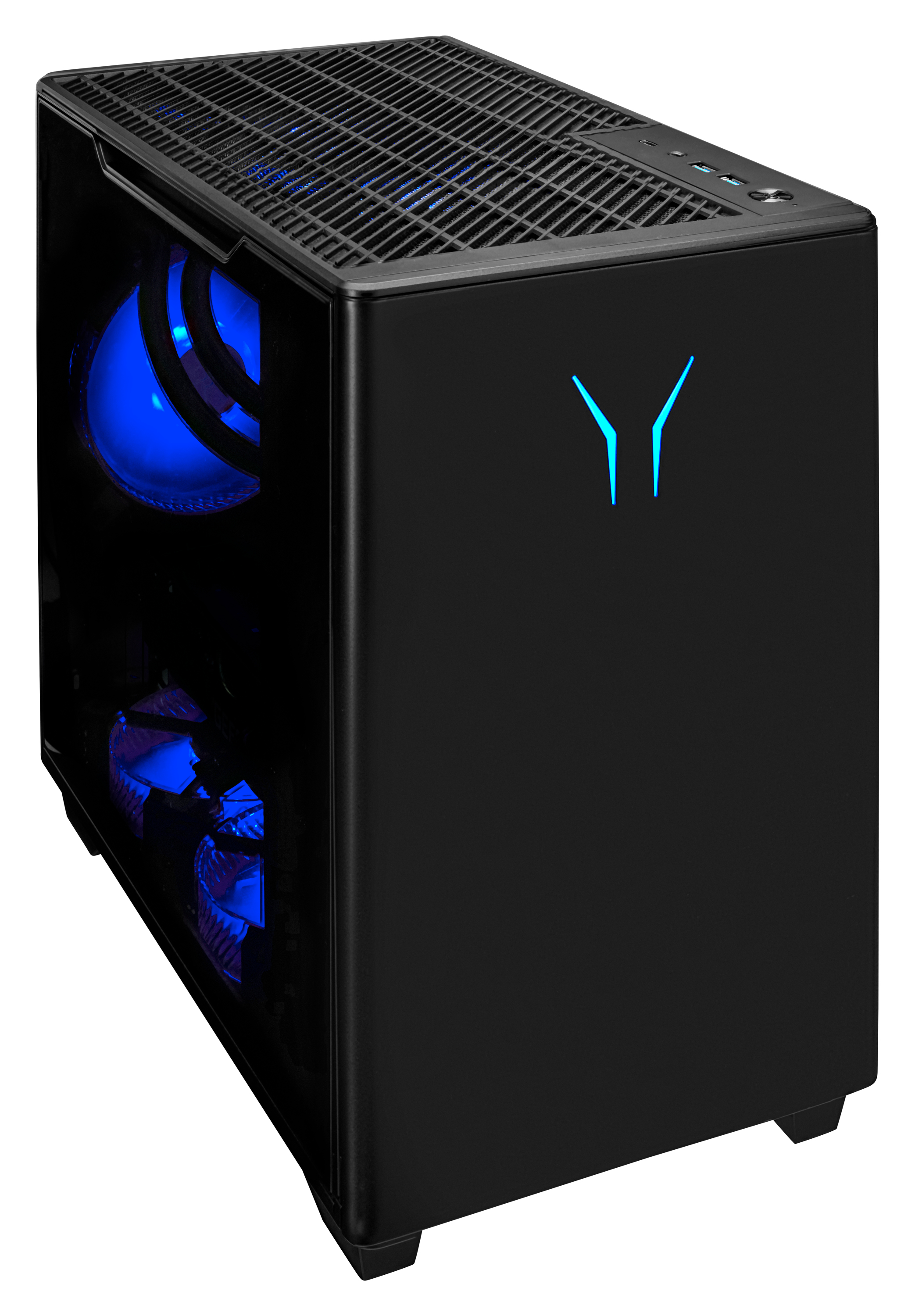 Caja de computadora negra con luces internas azules, un panel lateral de vidrio y un logotipo.