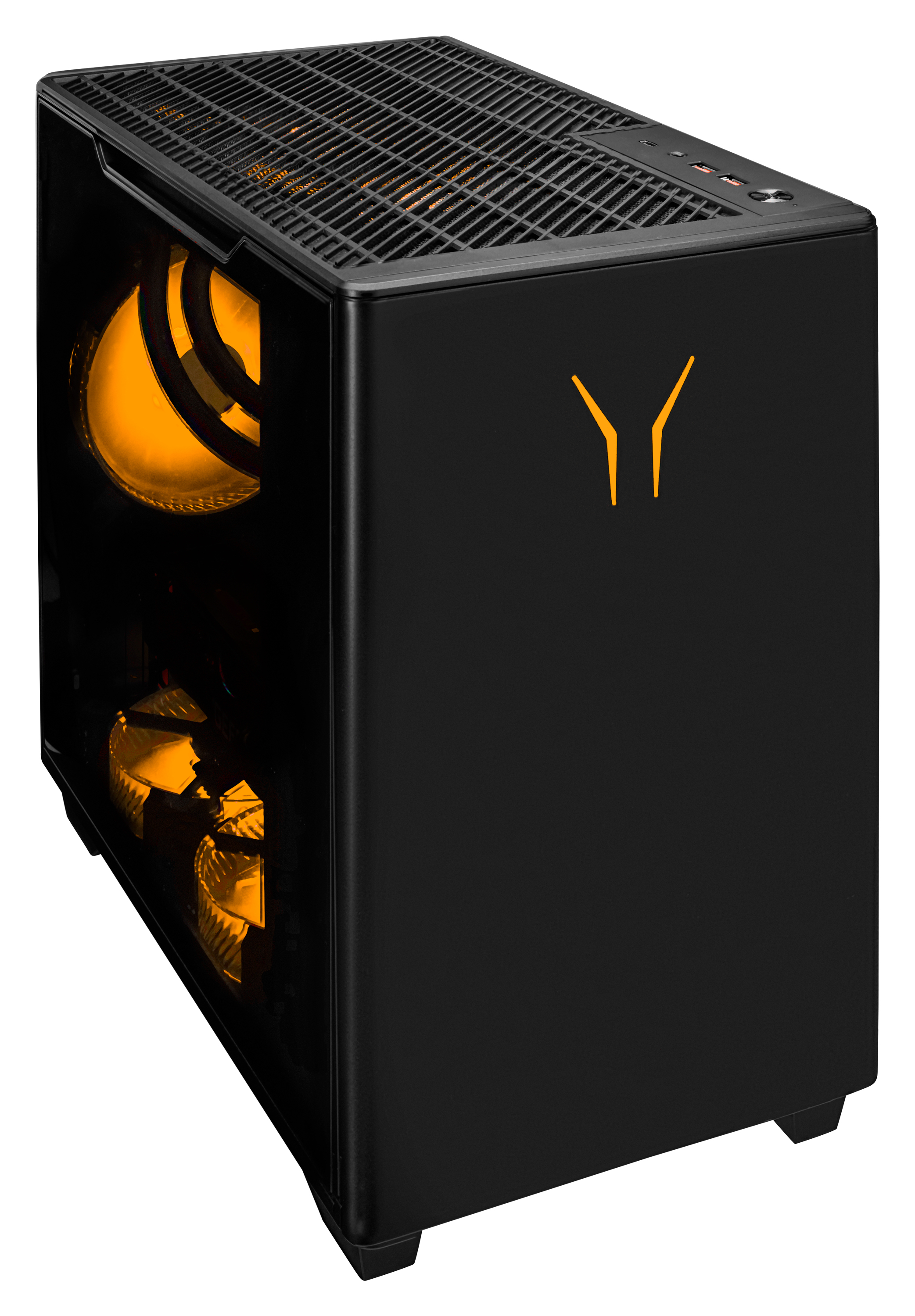 Ein schwarzes Computergehäuse mit orangefarbenem Innenlicht, das die Seite mit einem Logo zeigt.