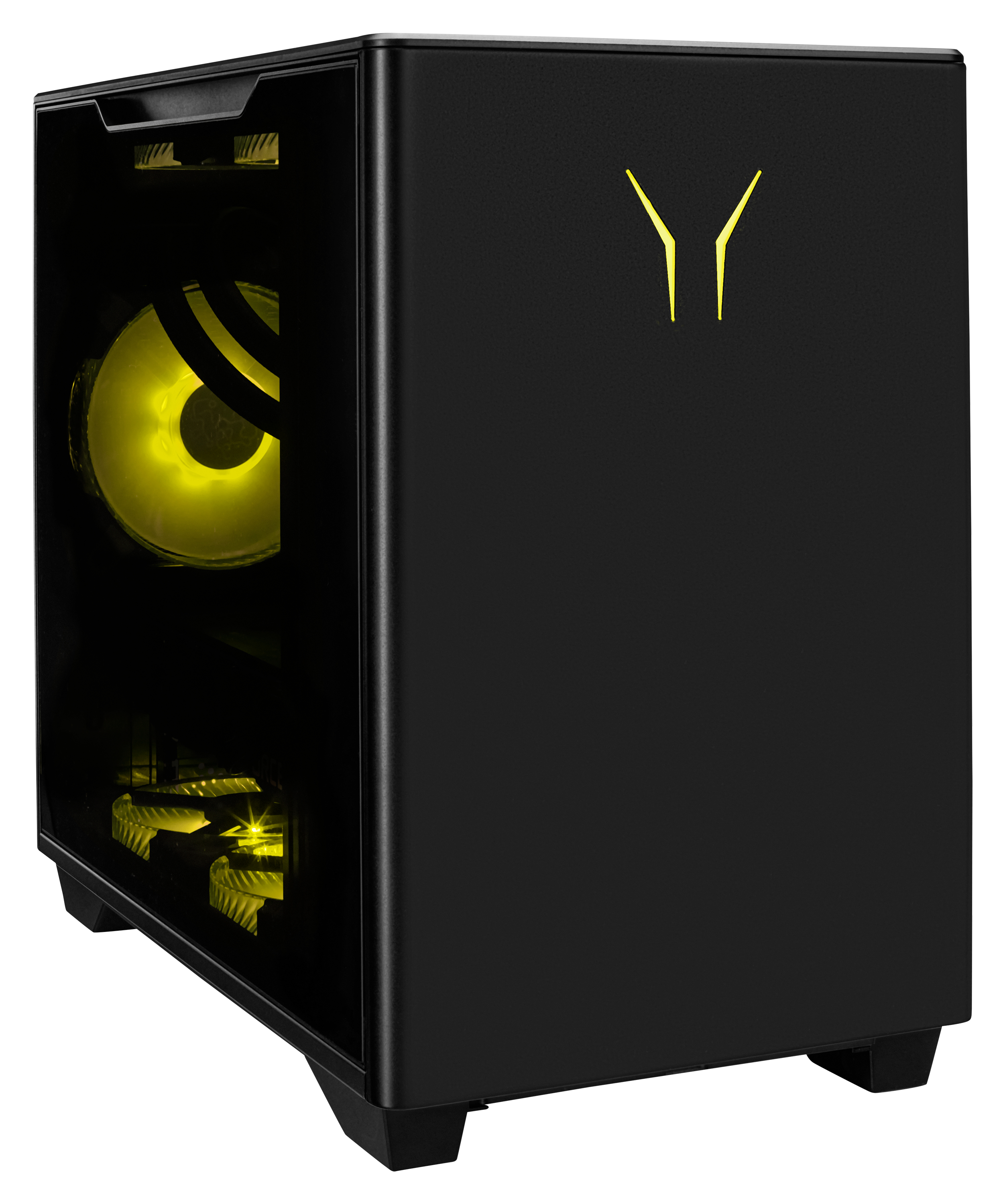 Caja de ordenador negra con ventilador iluminado en amarillo. Tiene panel lateral transparente.