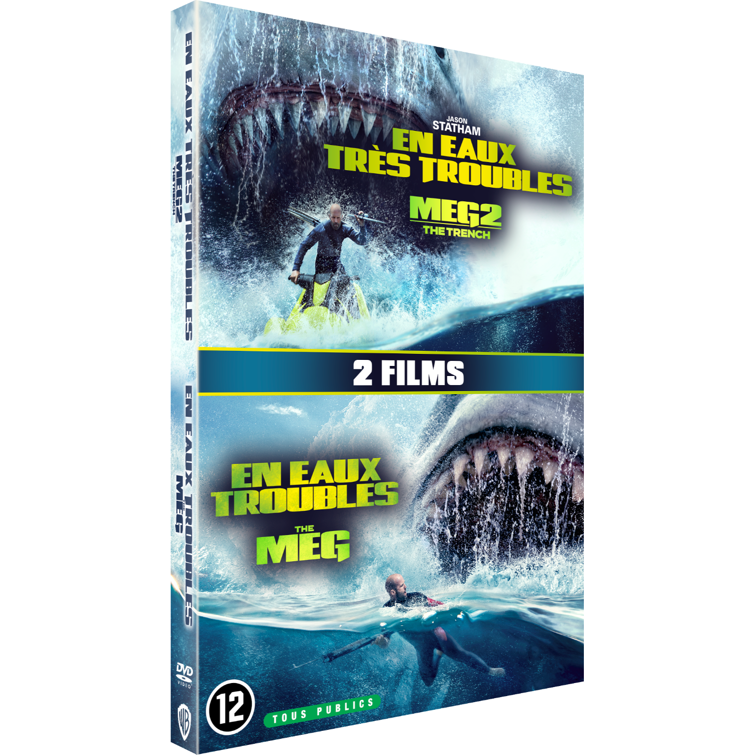 DVD-hoes met twee filmposters. Met haaien en een man in het water.