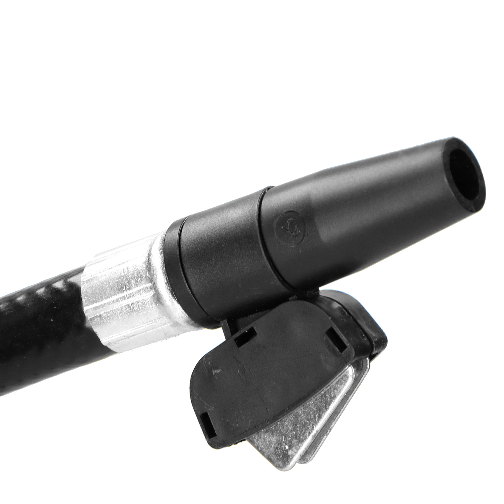 Black hose with a connecting piece and a latch. The background is white.