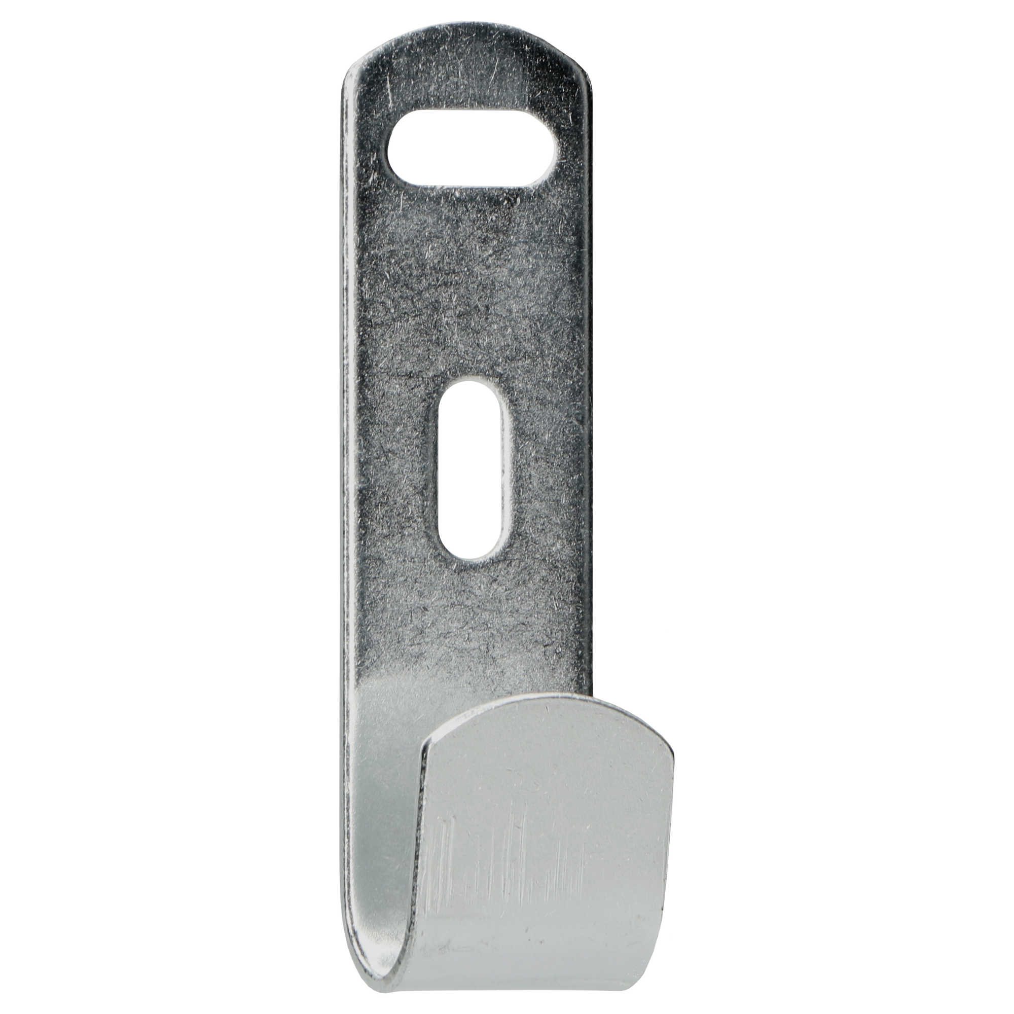 A metal hook with two holes, one elongated, the other circular.