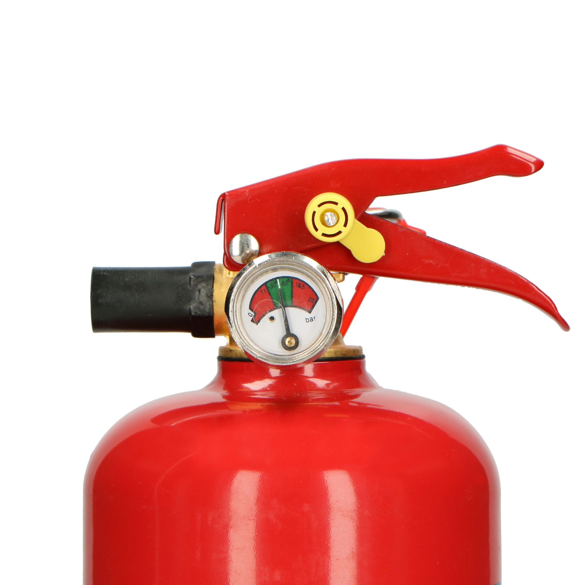 Red fire extinguisher with a gauge, handle, and nozzle on white background.
