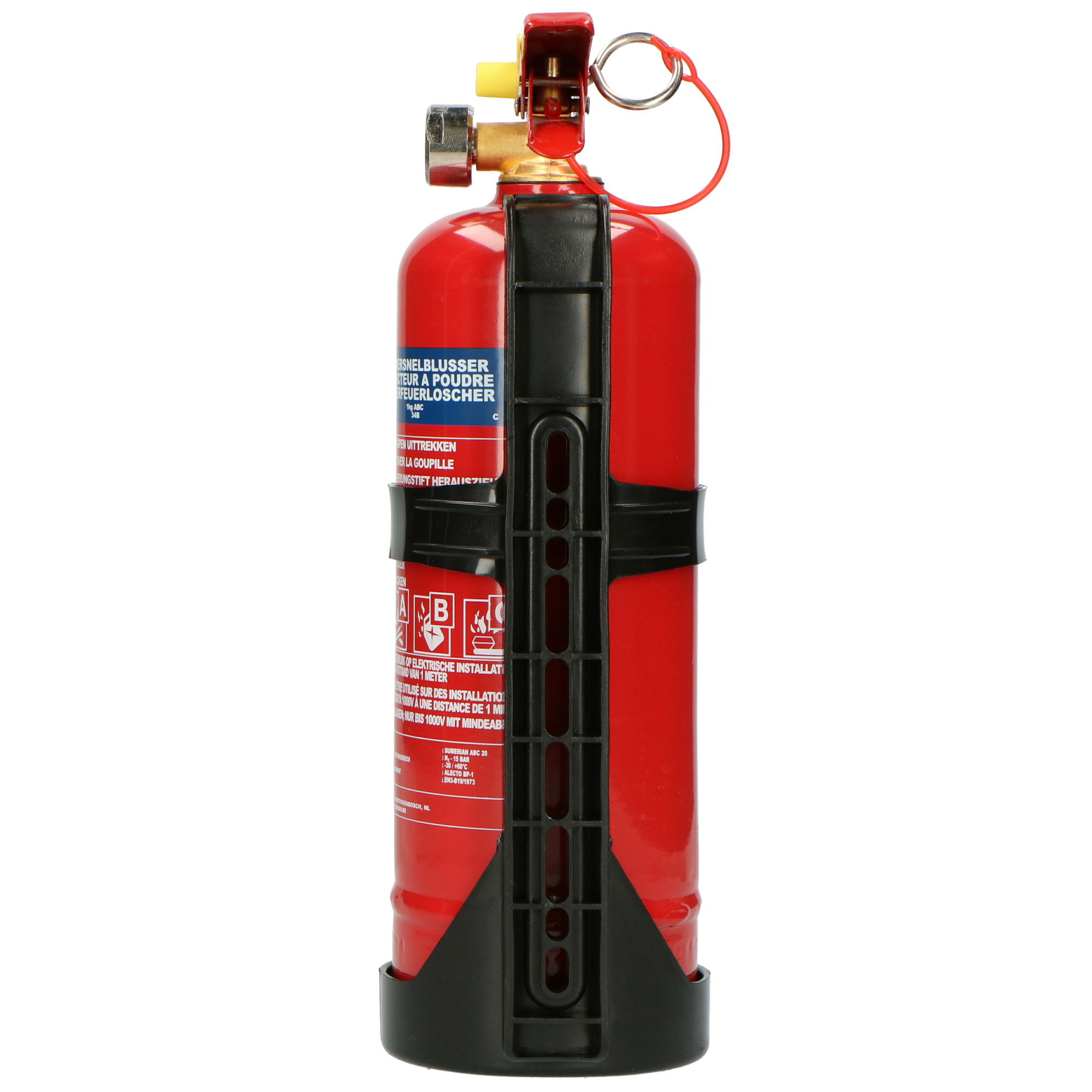 Red fire extinguisher with a black handle and a black base. Text on the side.