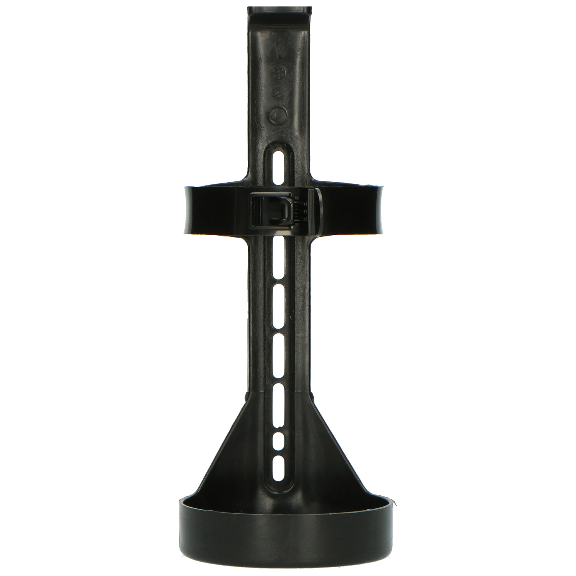 A black bottle holder with a buckle and mounting holes, against a white background.
