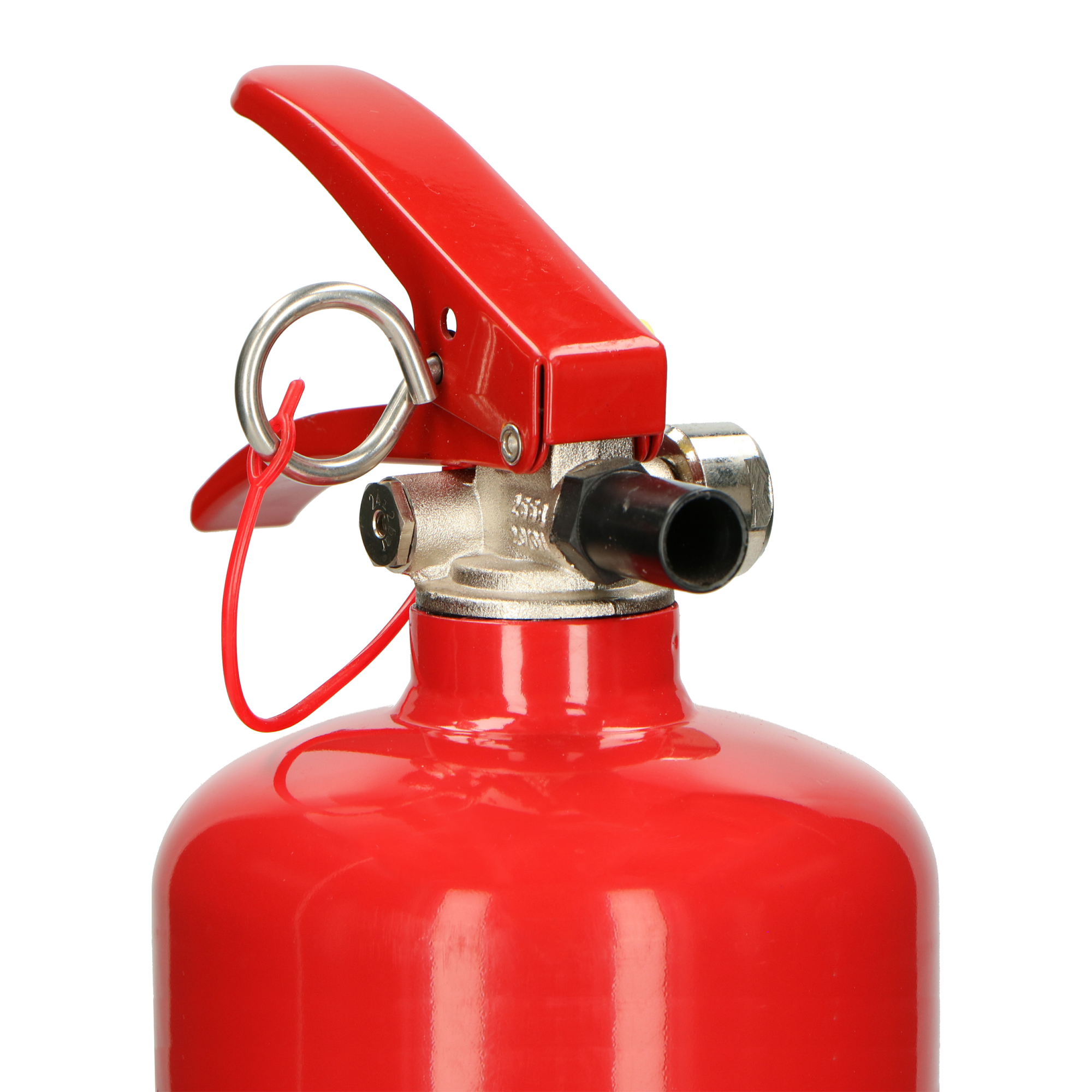 Close-up van een rode brandblusserkop, met handvat en meter.