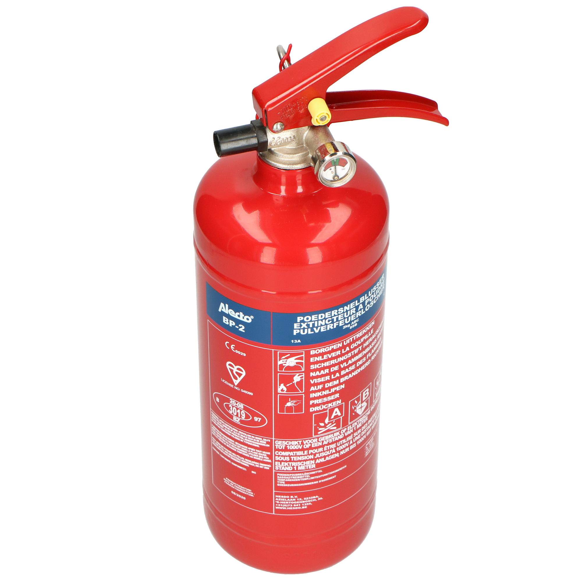 Een rode brandblusser met een zwarte basis en een meter bovenop. Er staan labels en instructies op.