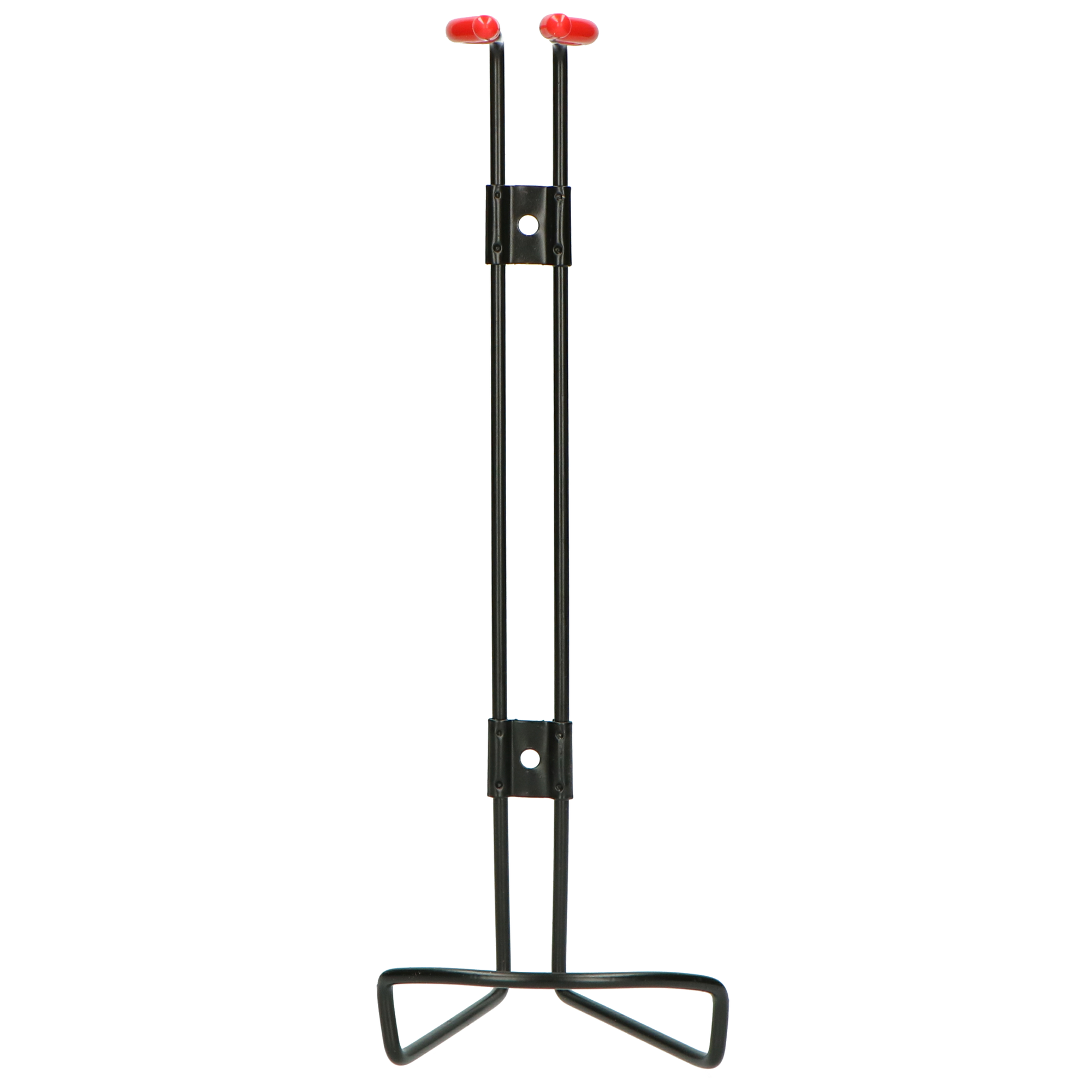 Black metal stand with a base and two red-tipped arms on a white background.