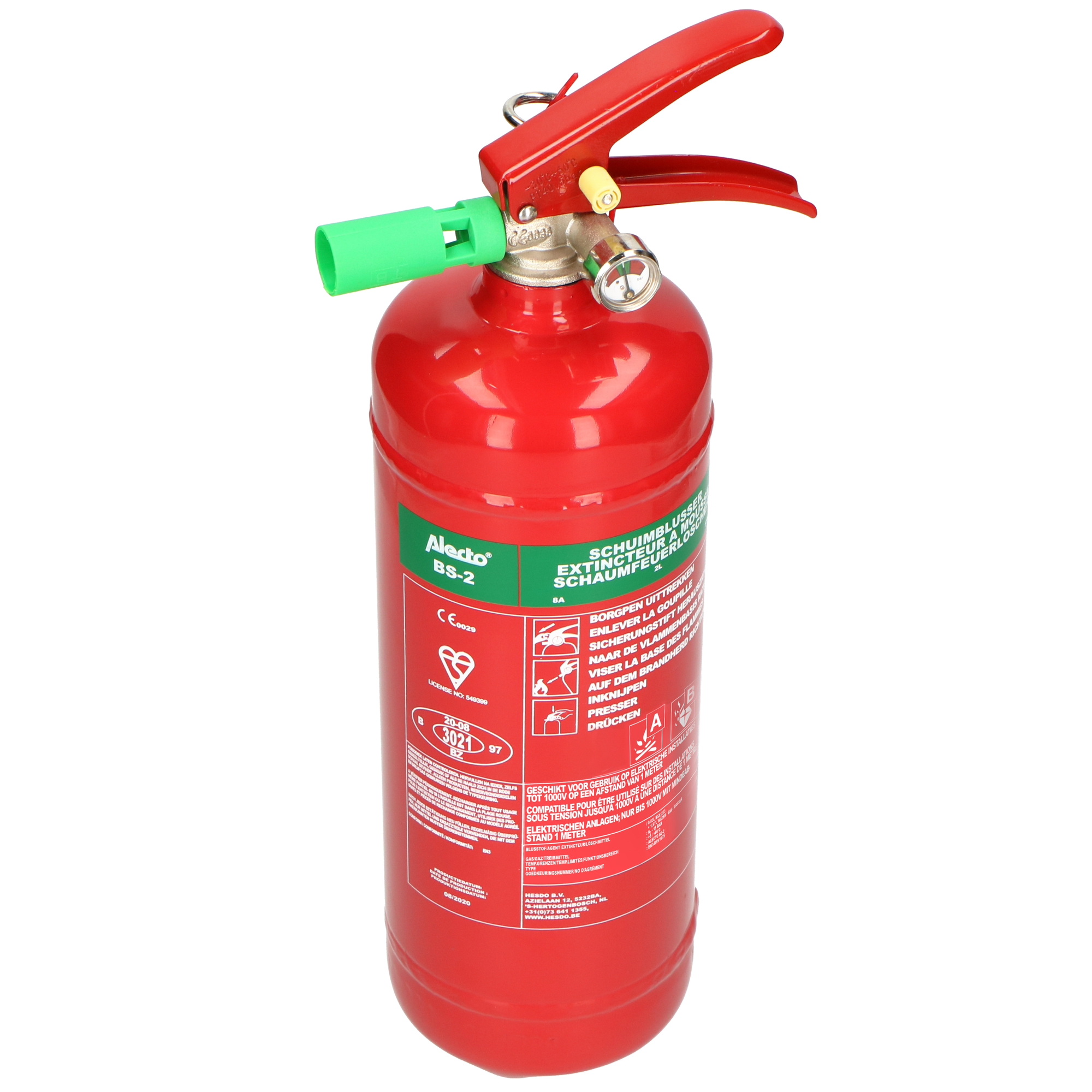 Red fire extinguisher with green handle. Text in multiple languages is on the label.