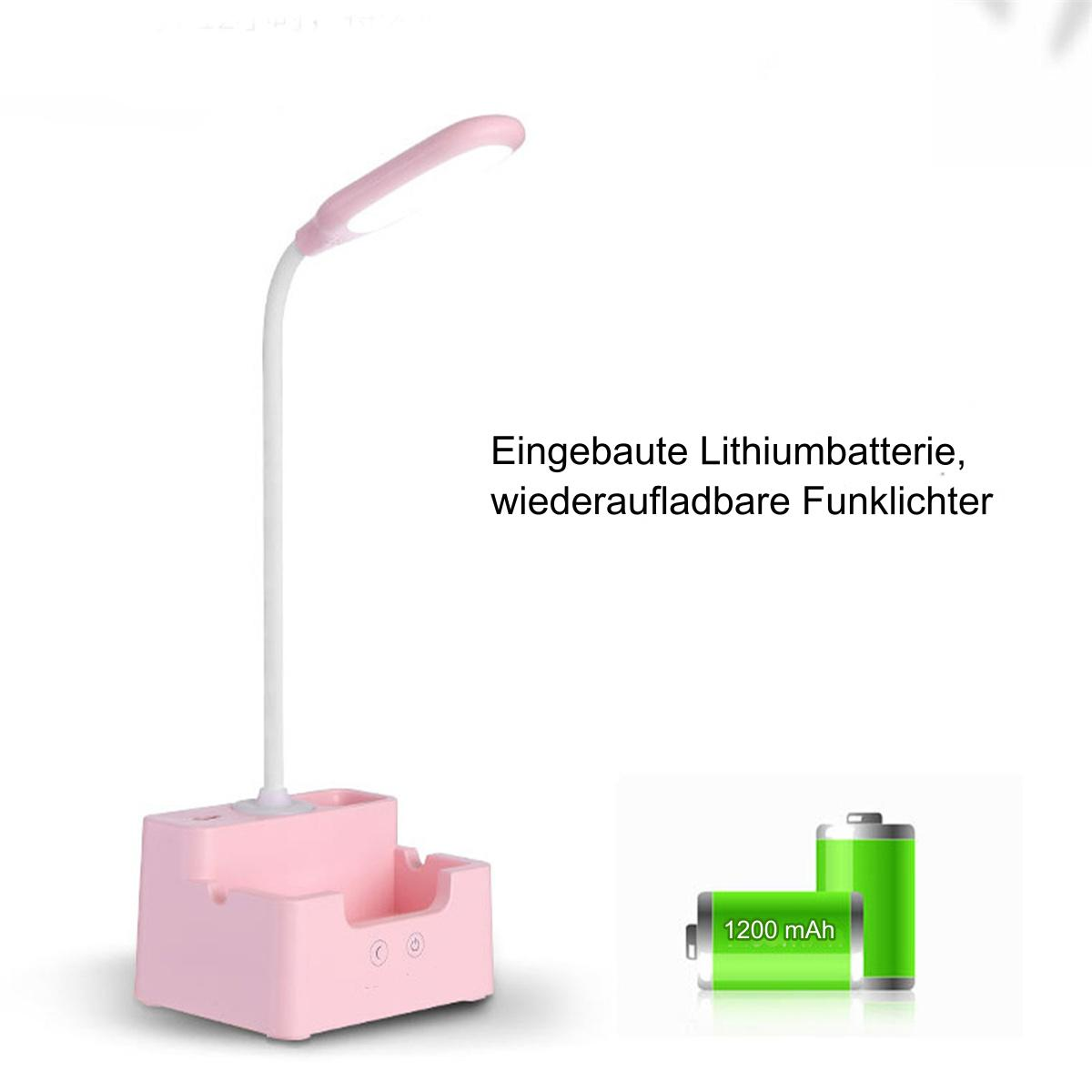 Rosa Schreibtischlampe mit Stifthalter. Zwei grüne Batterien daneben, mit 1200 mAh Anzeige.