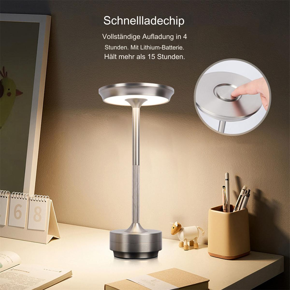 Eine silberne Lampe auf einem Schreibtisch. Eine Hand berührt die Oberseite der Lampe.