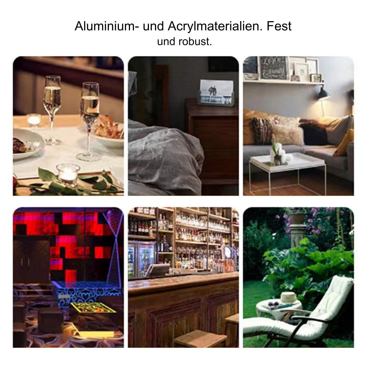Sechs Bilder verschiedener Umgebungen: Essen, Schlafzimmer, Wohnzimmer, Nachtclub, Bar, Garten. Alle mit entspannter Atmosphäre.