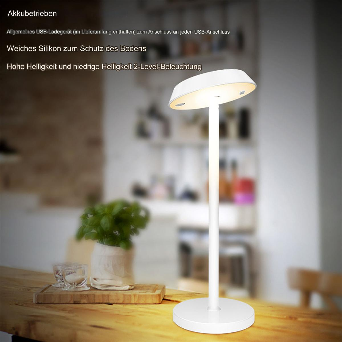 Weiße Schreibtischlampe auf Tisch, Text, Pflanze, Glas, verschwommener Hintergrund.