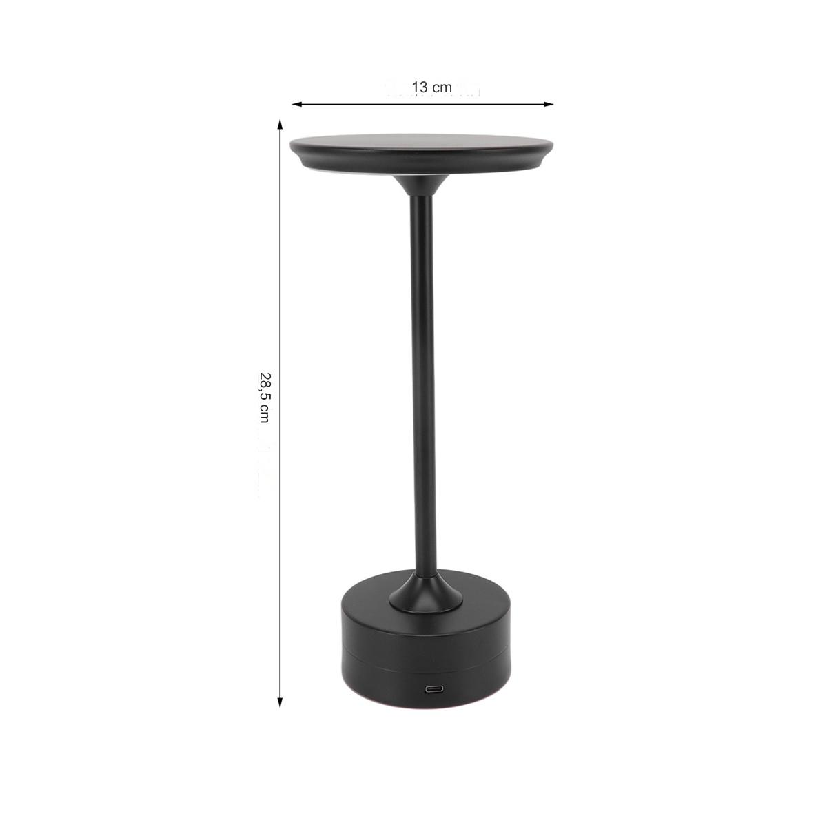 Schwarze, kreisförmige Nachttischlampe. Die Abmessungen sind an der Seite markiert. Schwarzer Sockel und Oberteil.