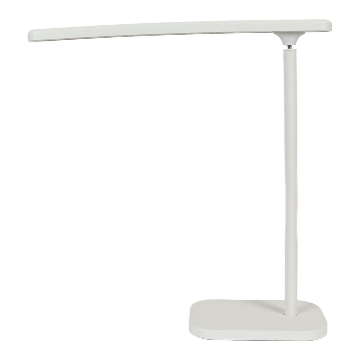 Weiße LED-Schreibtischlampe mit einem langen, dünnen, rechteckigen Kopf und einem rechteckigen Sockel.